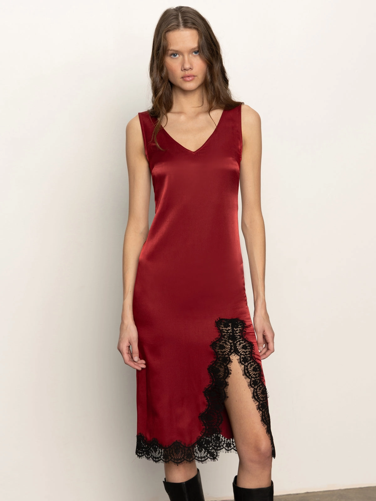 Revenge Midi Satin Dress Crimson and Effortless fit dress.