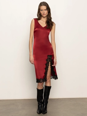 Leather Accent Revenge Midi Satin Dress Crimson Pearl-Detail Revenge Midi Satin Dress Crimson