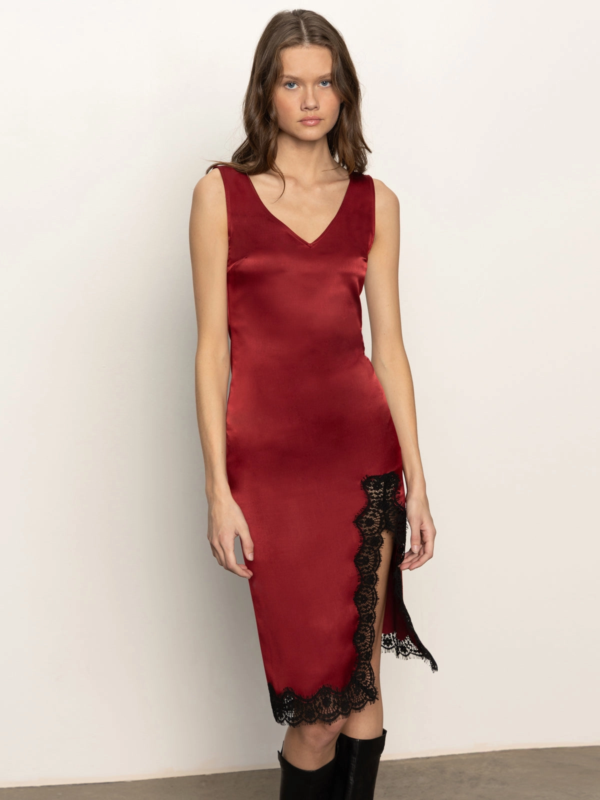Revenge Midi Satin Dress Crimson Trendy Waistband