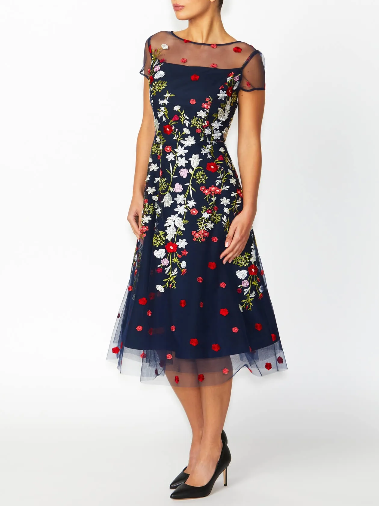 Leila Navy Embroidered A-Line Dress Visual Balance Urban Look