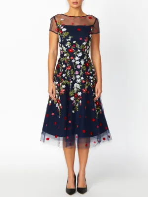 Leila Navy Embroidered A-Line Dress Stylish Wear QuickDryTechnology Leila Navy Embroidered A-Line Dress