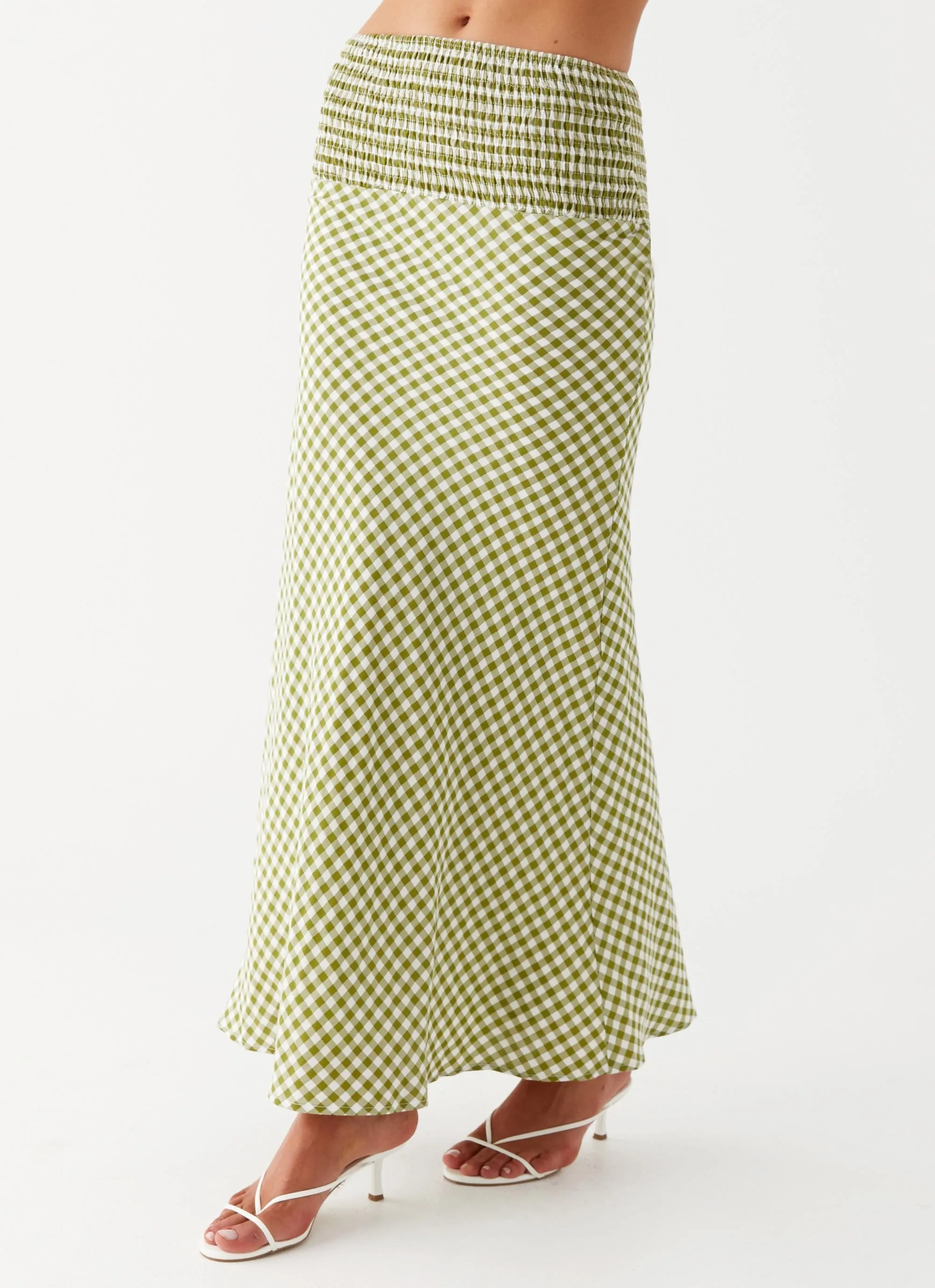 Leilani Maxi Skirt - Khaki Gingham Anti Static Fabric Perfect Layer