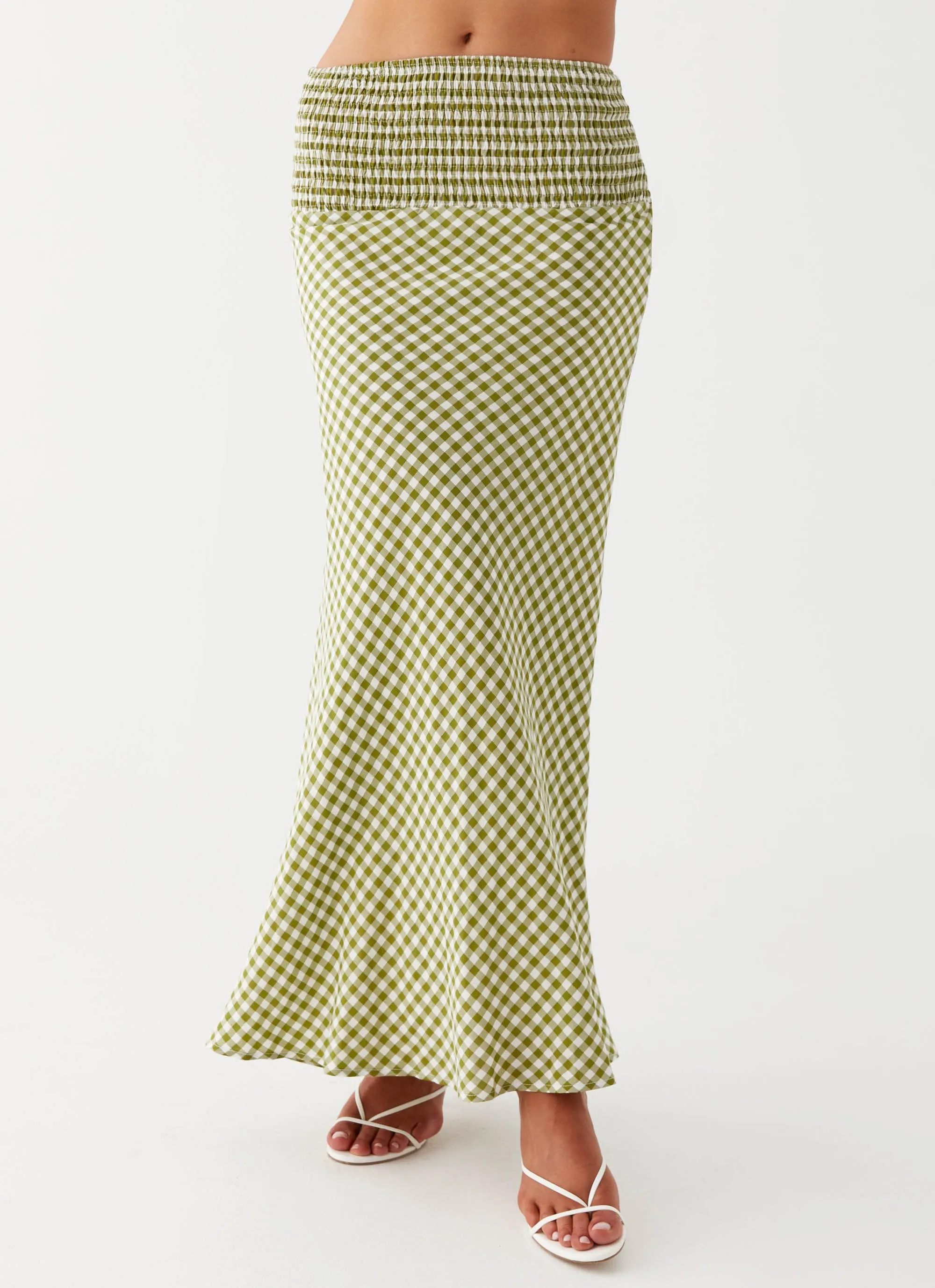 Recycled Polyester Blend High Waist Leilani Maxi Skirt - Khaki Gingham