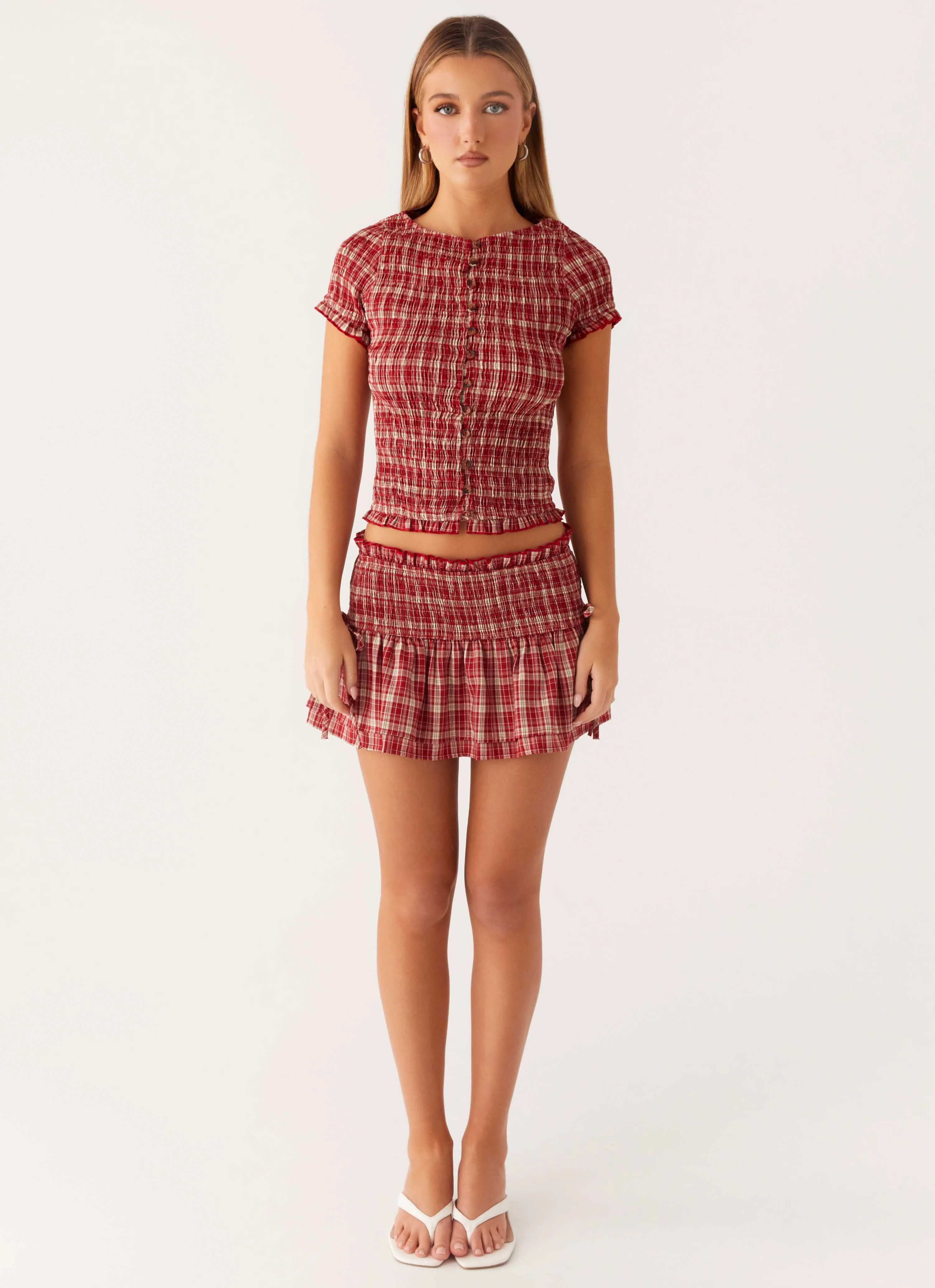 Comfort Waist Lenore Mini Skirt - Ruby Check