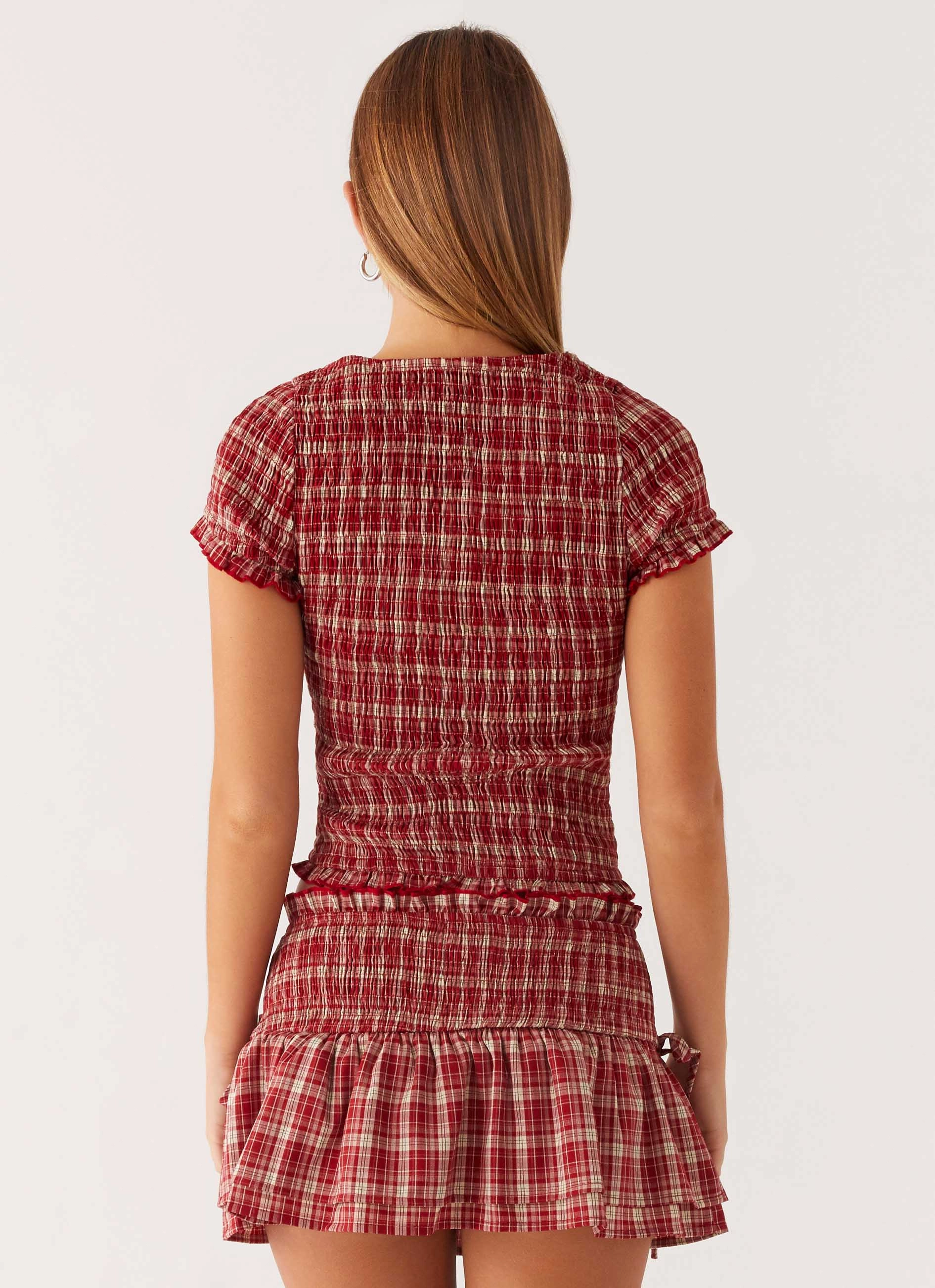 Lenore Button Top - Ruby Check Bamboo Derived Material Classic Crewneck Design