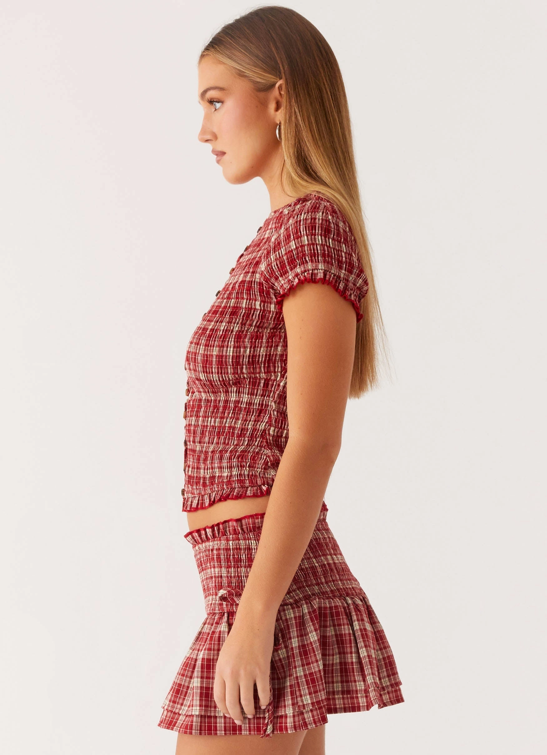 Antimicrobial Finish Lenore Button Top - Ruby Check