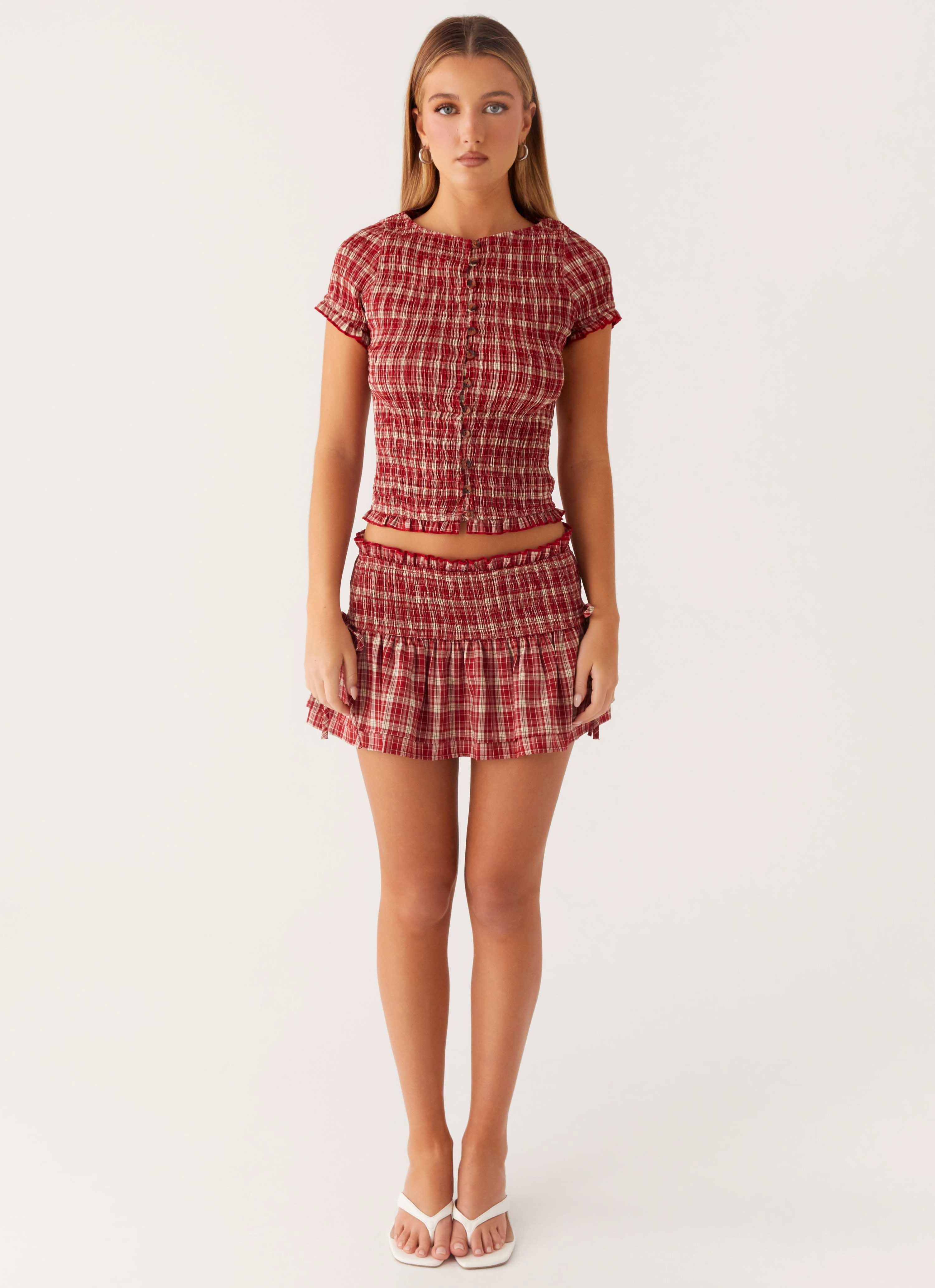 Lenore Button Top - Ruby Check Minimalist Design