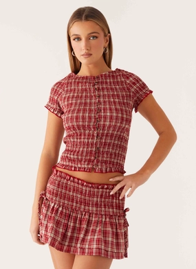 Lenore Button Top - Ruby Check DoubleLayered Hem Rubberized grip Lenore Button Top - Ruby Check