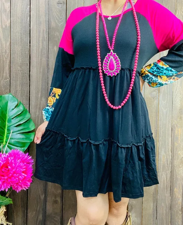 Leopard floral printed lantern long sleeve frill trim ruffle hem smock women dresses BQ13861