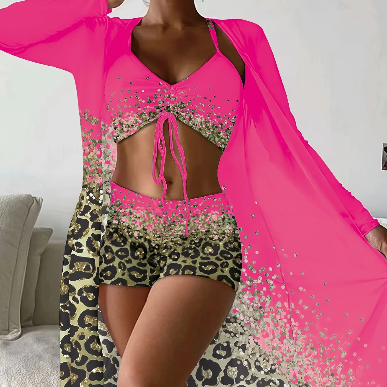 Leopard Print Medium Stretch 3-teiliges Set Badeanzüge Drawstring Spaghetti Strap High Waist Bikini & Long Sleeve Cover Up Bademode