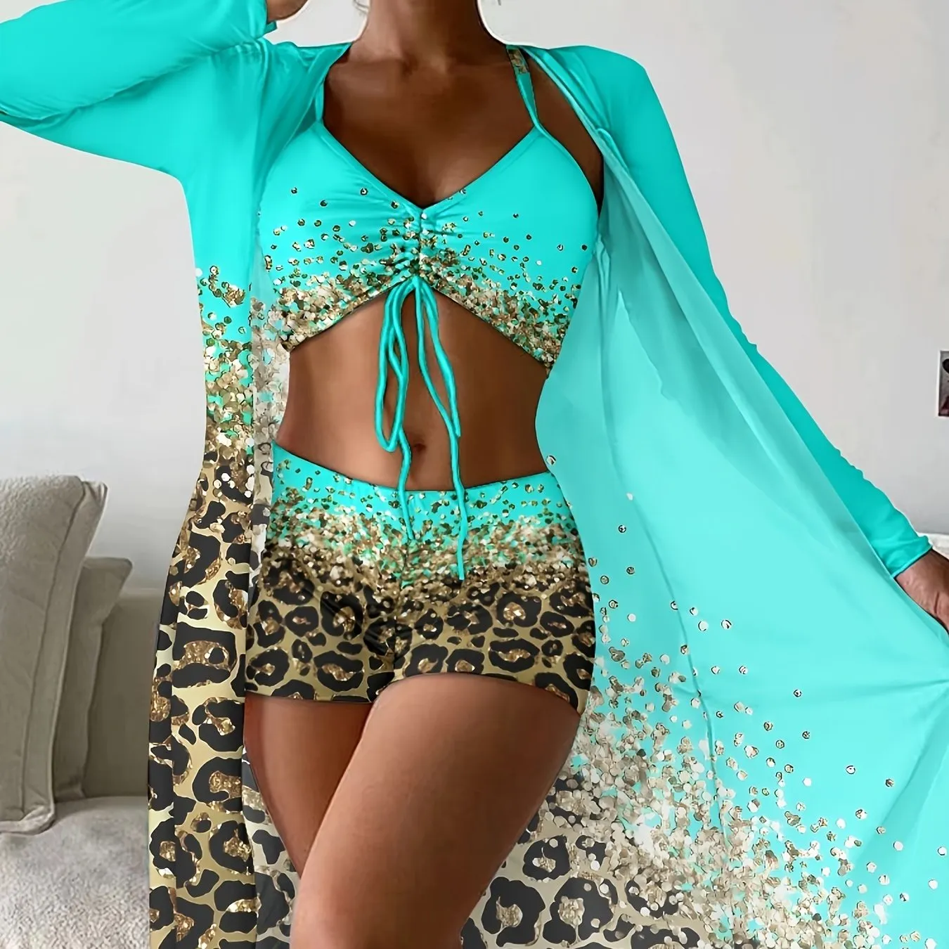 Leopard Print Medium Stretch 3-teiliges Set Badeanzüge Drawstring Spaghetti Strap High Waist Bikini & Long Sleeve Cover Up Bademode
