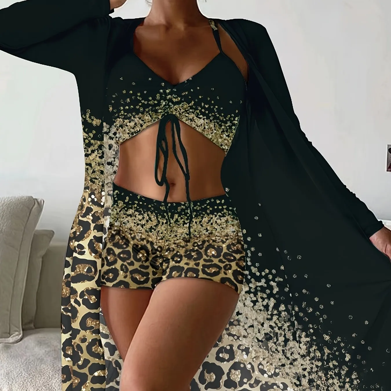 Leopard Print Medium Stretch 3-teiliges Set Badeanzüge Drawstring Spaghetti Strap High Waist Bikini & Long Sleeve Cover Up Bademode