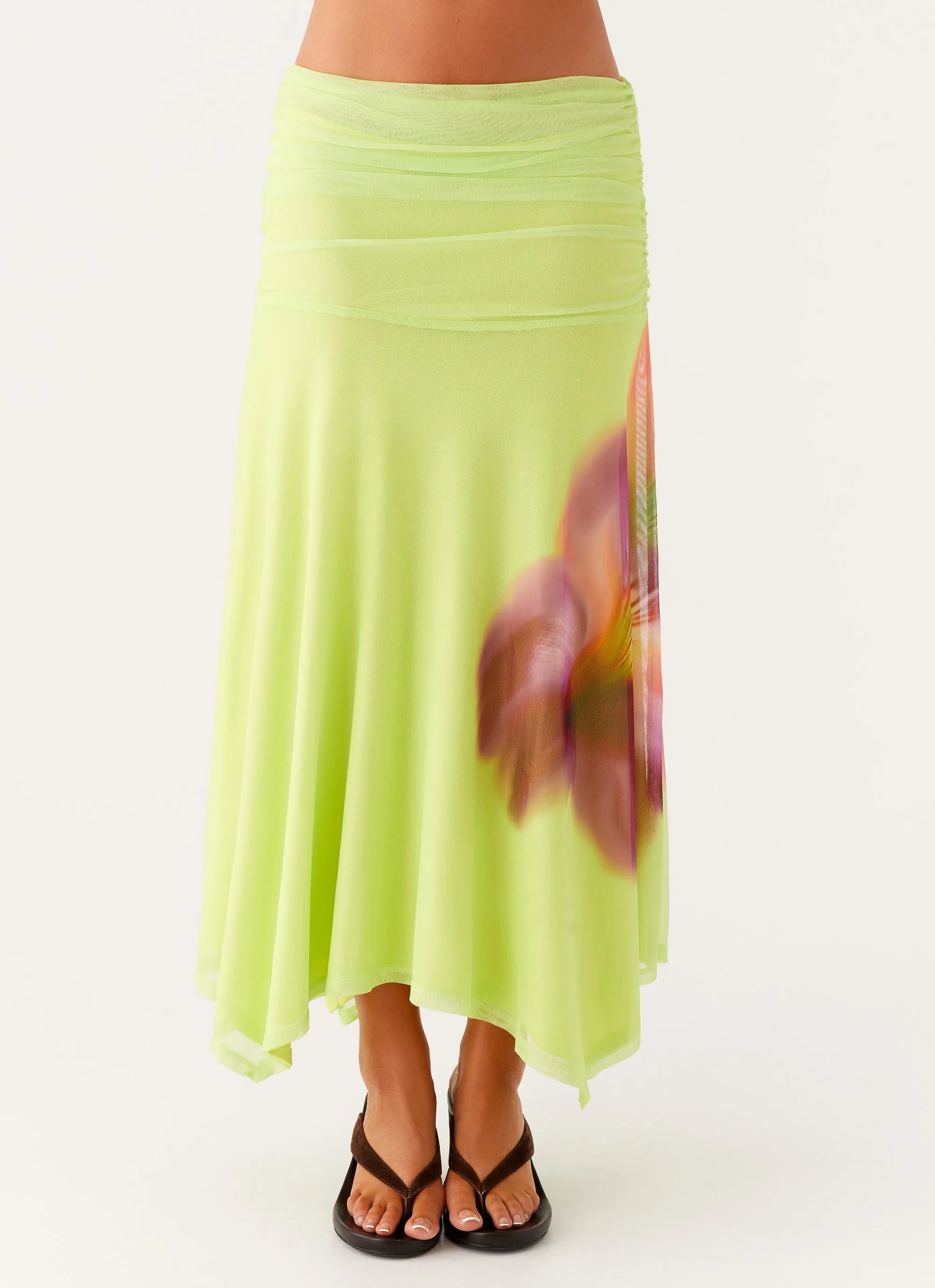 Liana Ruched Maxi Skirt - Green Tropical Snug Waist