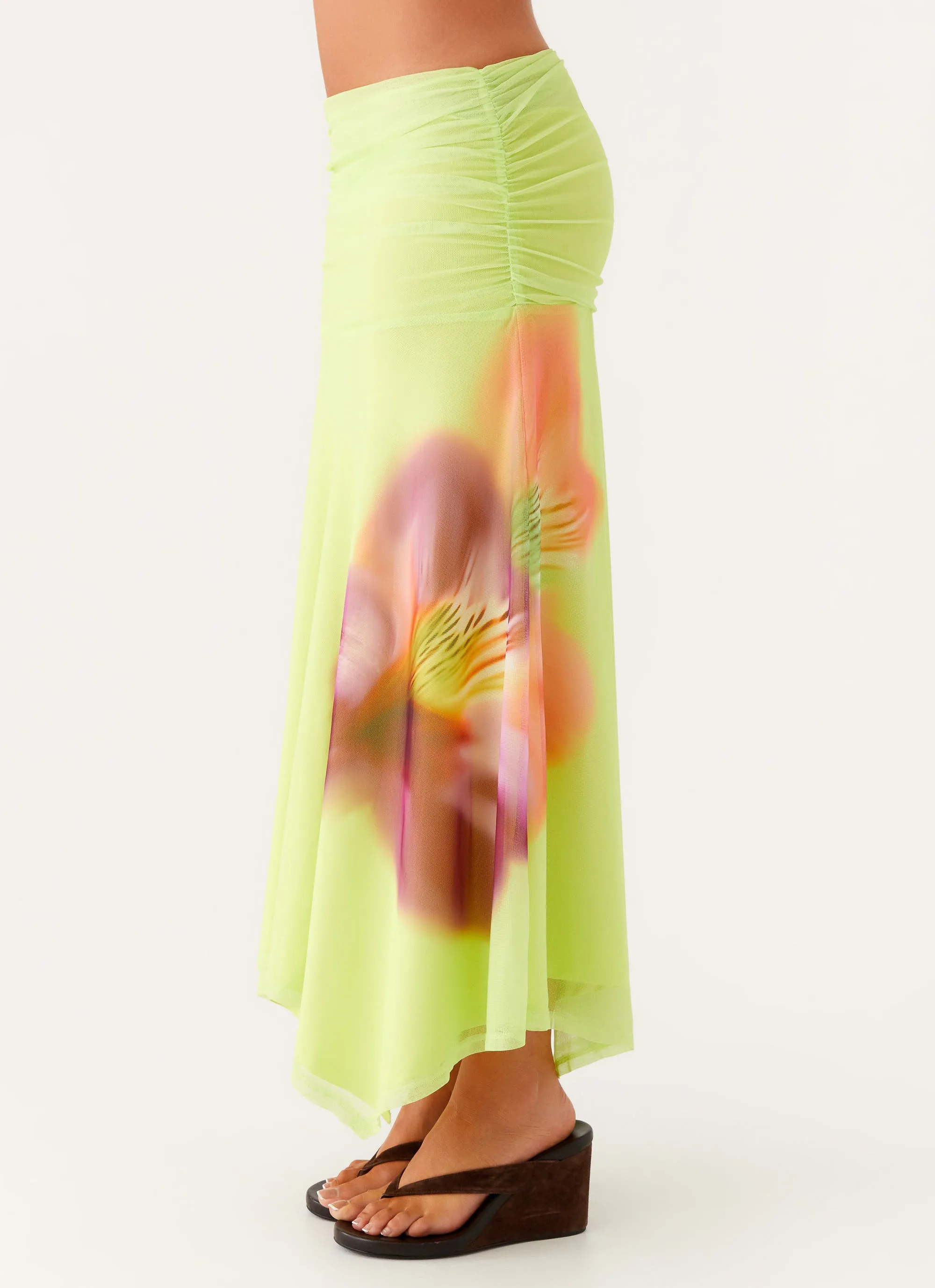 Liana Ruched Maxi Skirt - Green Tropical Double Stitched Seams Fitted Style