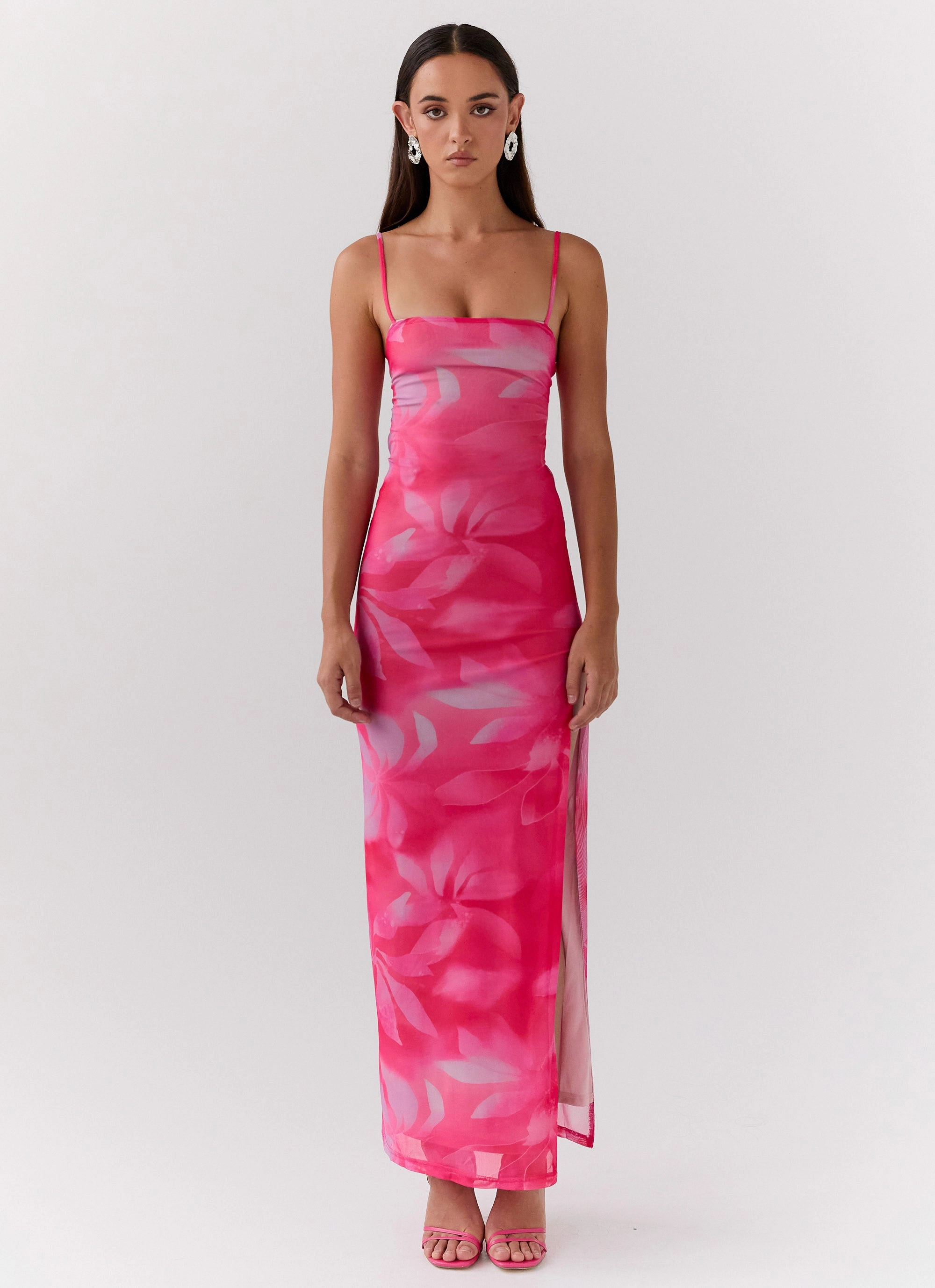 Front-Zip Life In Pink Maxi Dress - Abstract Bloom