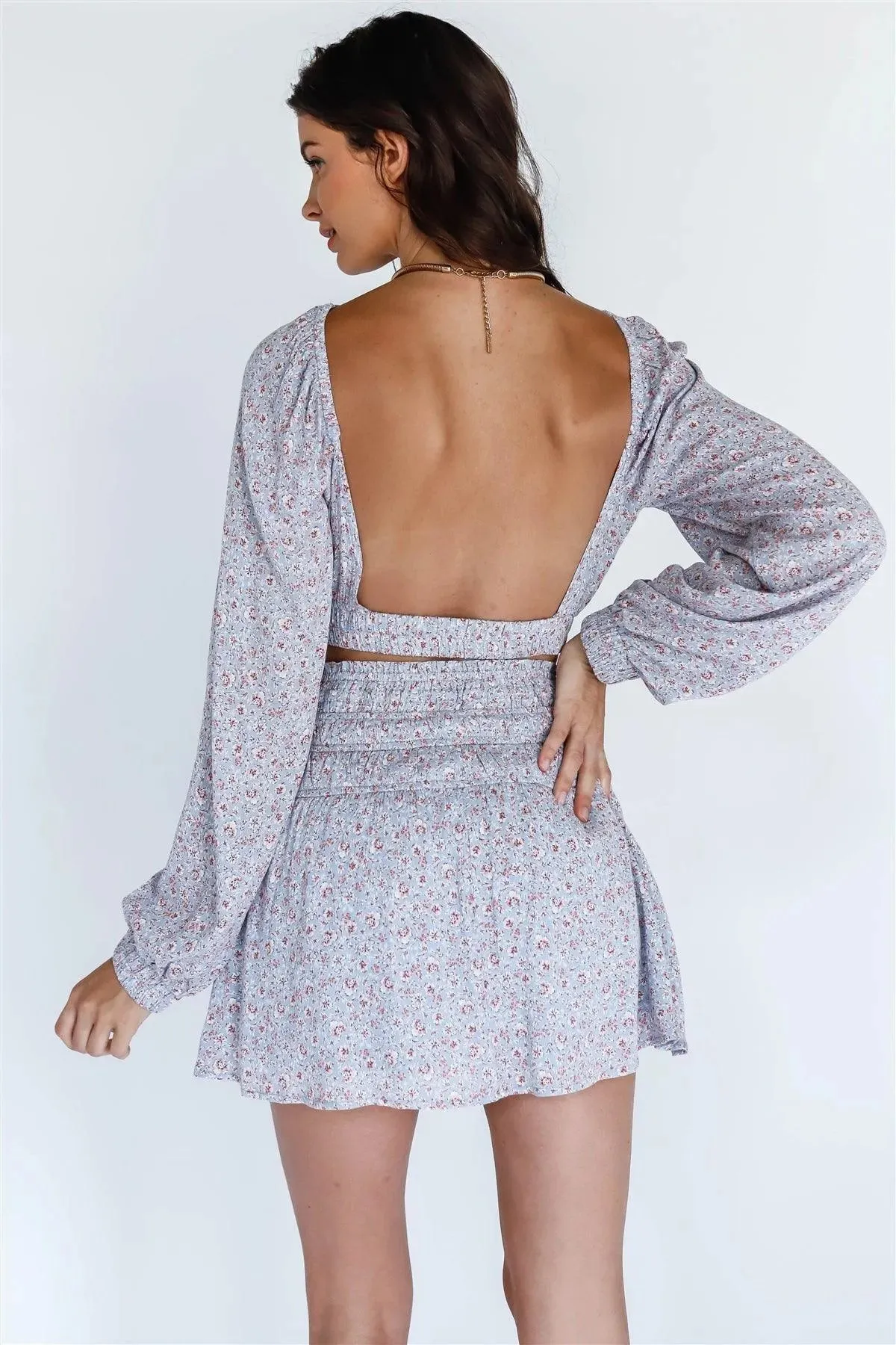 Light Blue Floral Print Balloon Long Sleeve Crop Top & Mini Skirt Set /3-2-1