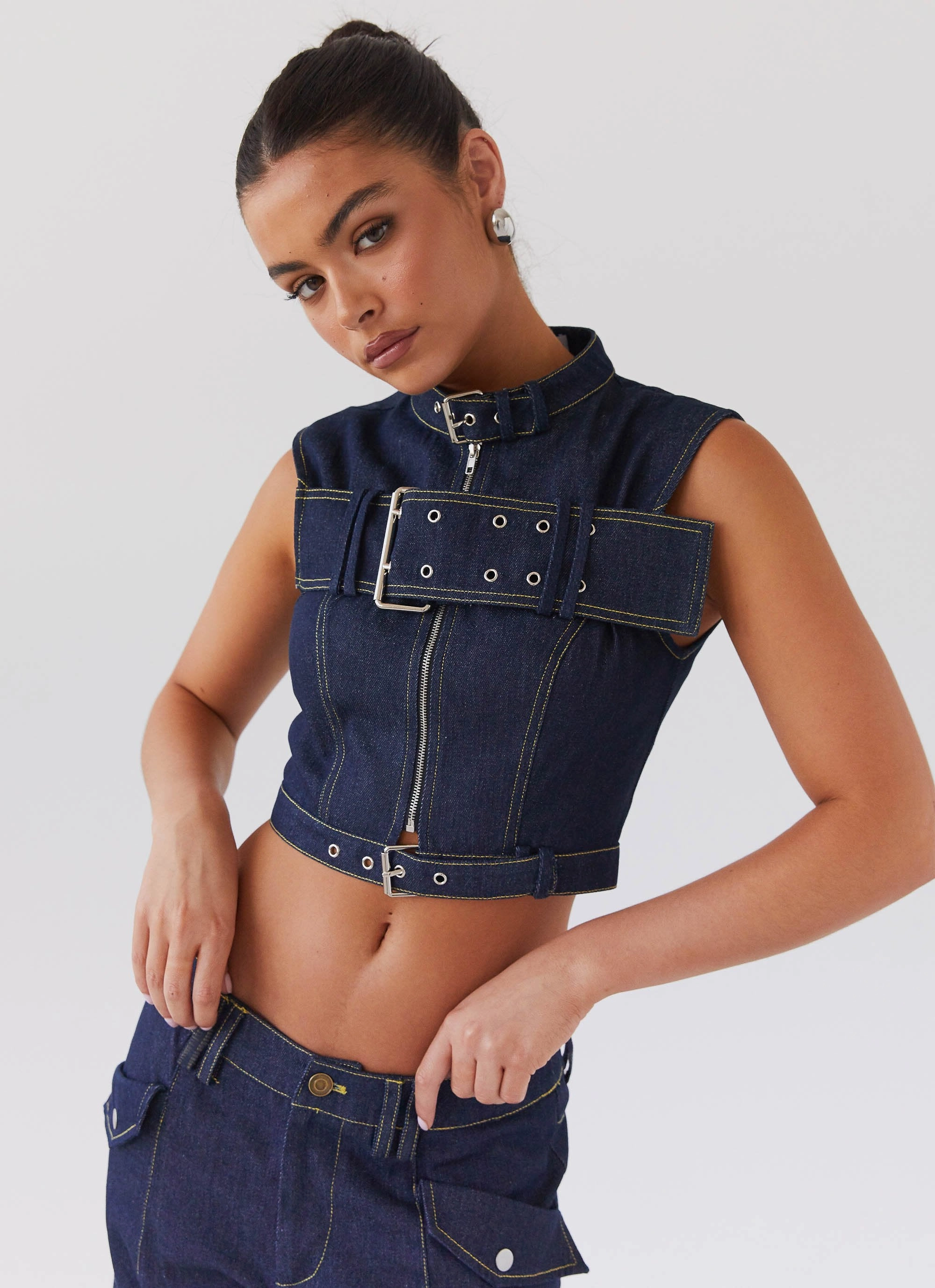 Active Design Greedy Denim Buckle Top - Indigo