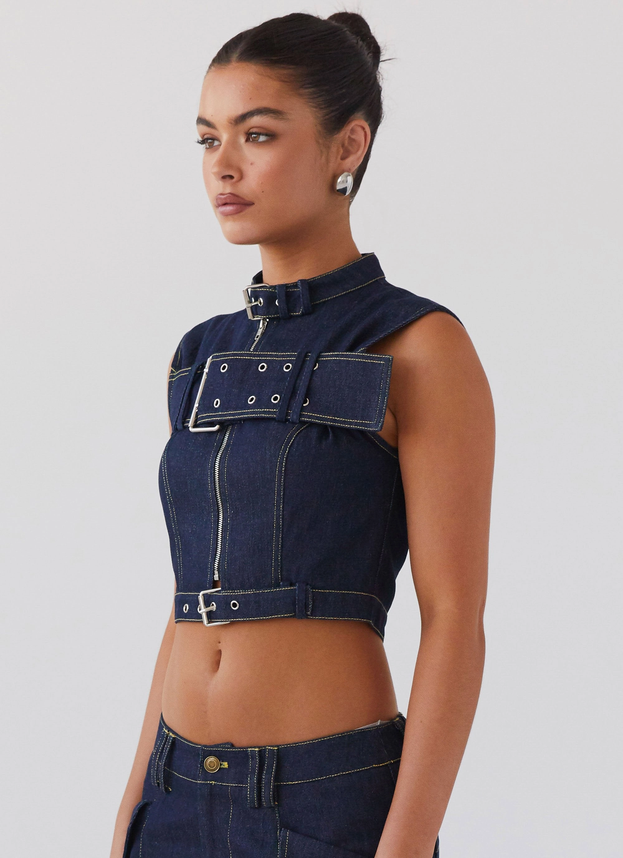 Greedy Denim Buckle Top - Indigo DoubleLayered AllDay Comfort