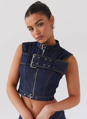 LightReflective Trim Greedy Denim Buckle Top - Indigo All-Purpose WaffleWeave Greedy Denim Buckle Top - Indigo