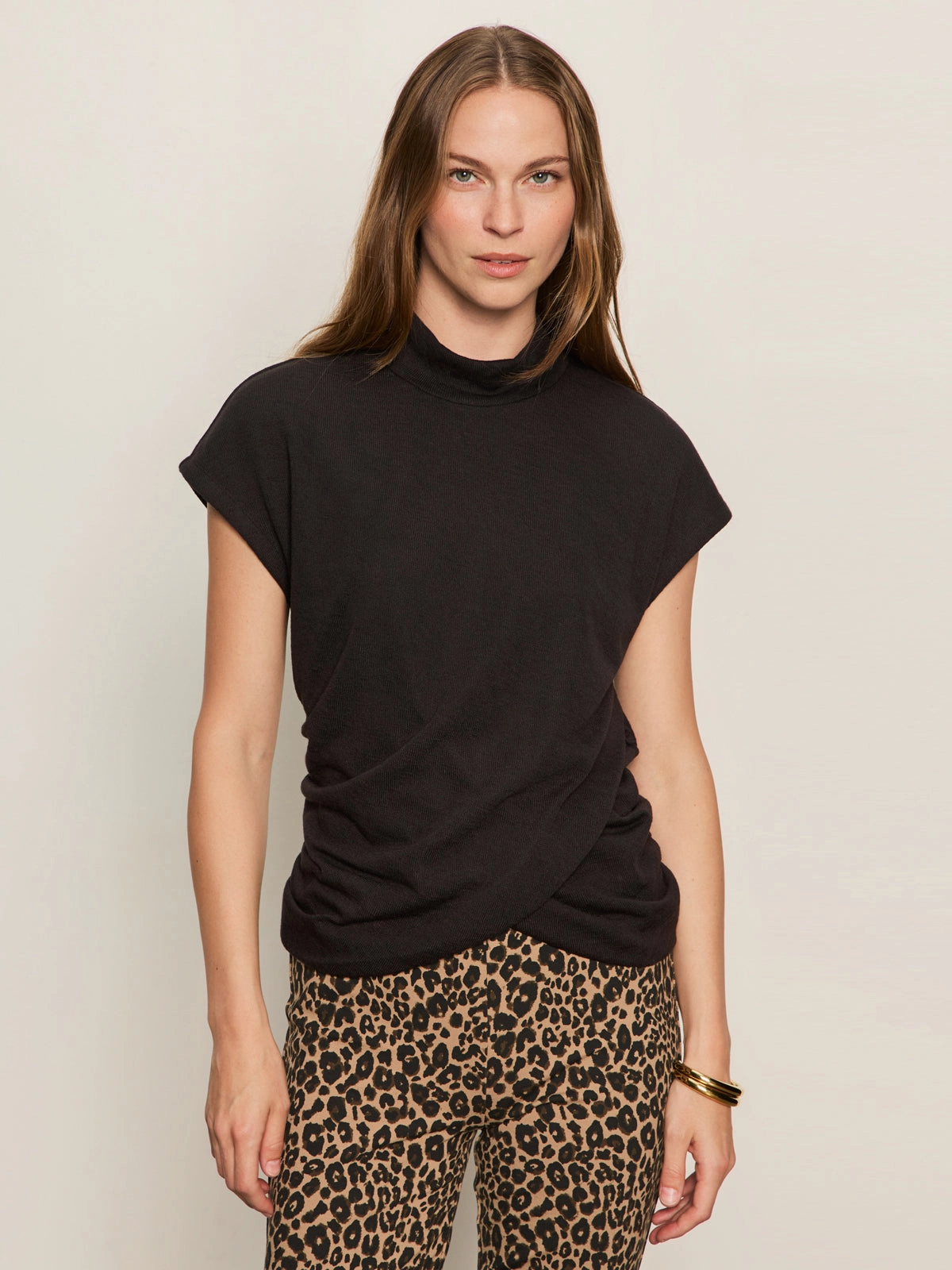 Draped Sleeveless Mock Neck Top Black Stretchable Waistband