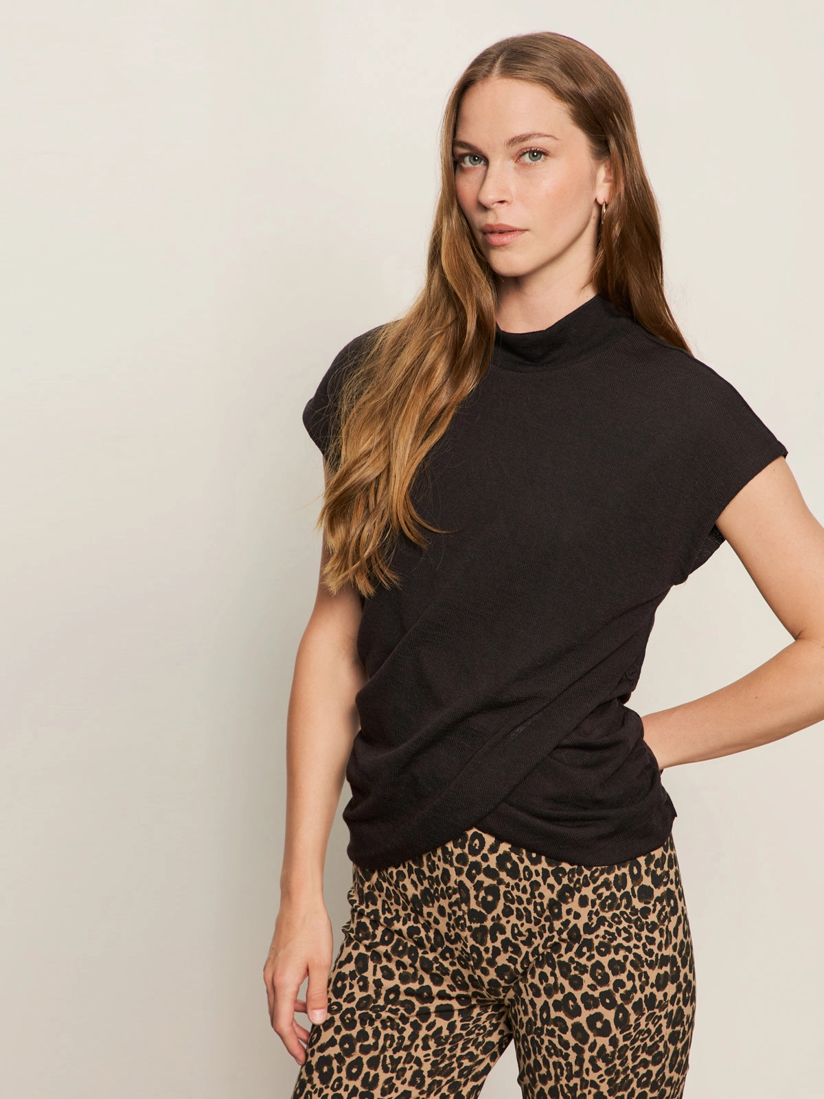 DenseKnit Fabric Draped Sleeveless Mock Neck Top Black