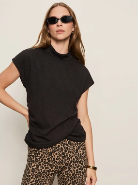 Draped Sleeveless Mock Neck Top Black Natural Fiber Composition