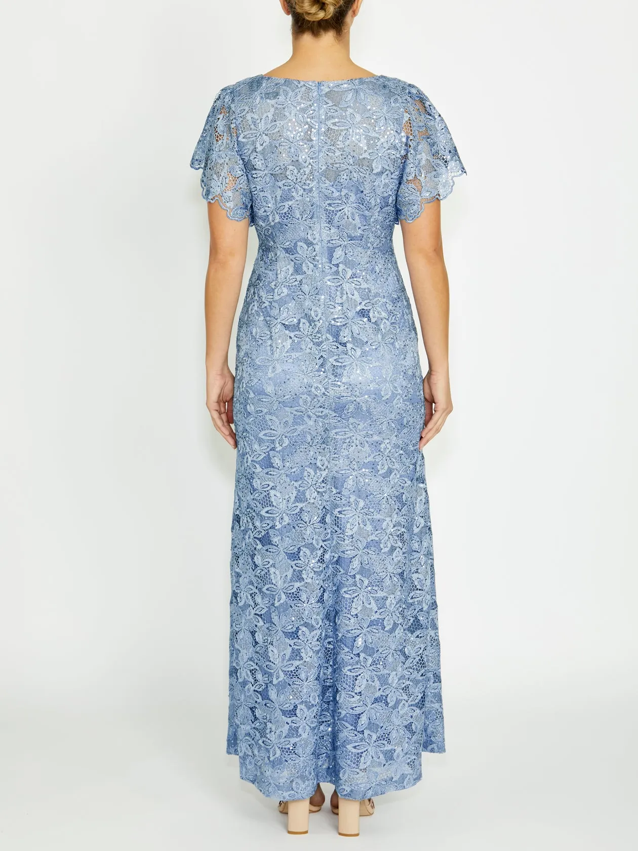 Nya Sky Blue Lace Gown Clean Lines Sophisticated cocktail dress