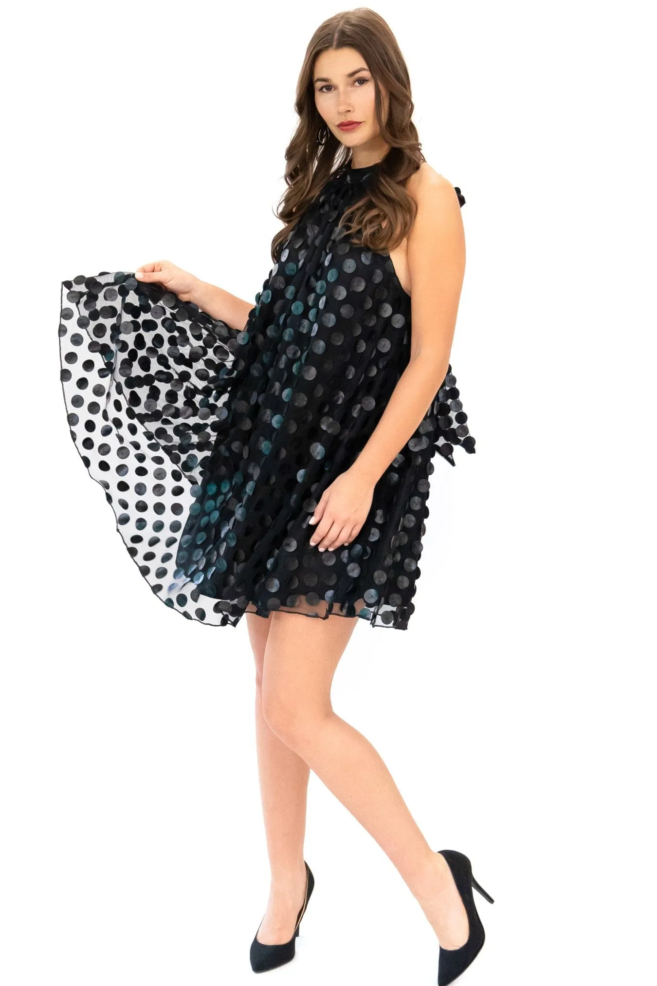 Halter Swing Mini Dress - Black Leather Payette Back-Pocket