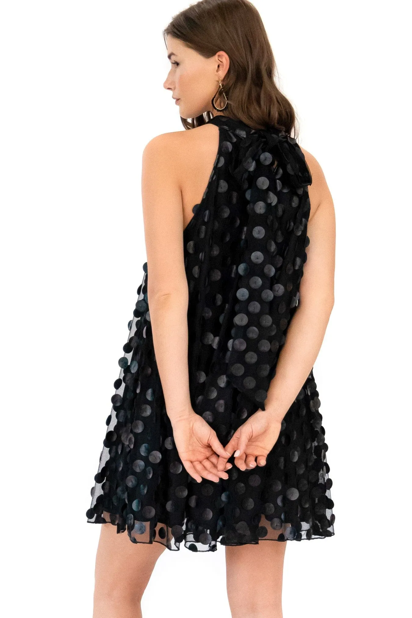 Halter Swing Mini Dress - Black Leather Payette Polite Tone