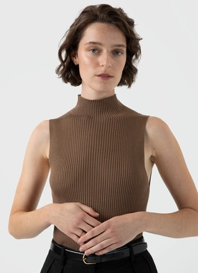 Lightweight Design Women's Mulberry Silk Rib Vest Jumper in Dark Sand Versatile Layer Women's Mulberry Silk Rib Vest Jumper in Dark Sand