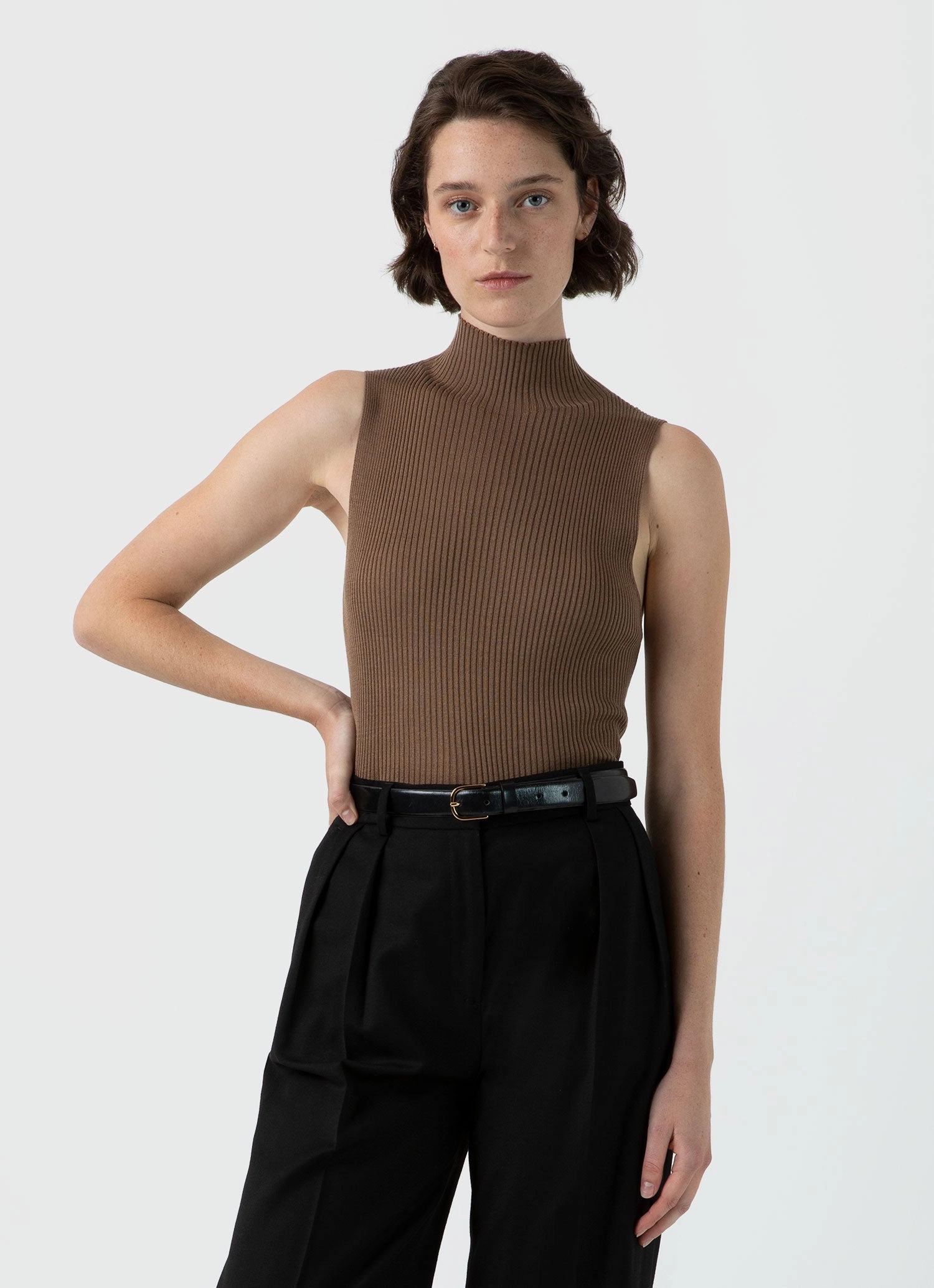 Women's Mulberry Silk Rib Vest Jumper in Dark Sand Texture Focus Layered Stitch Details