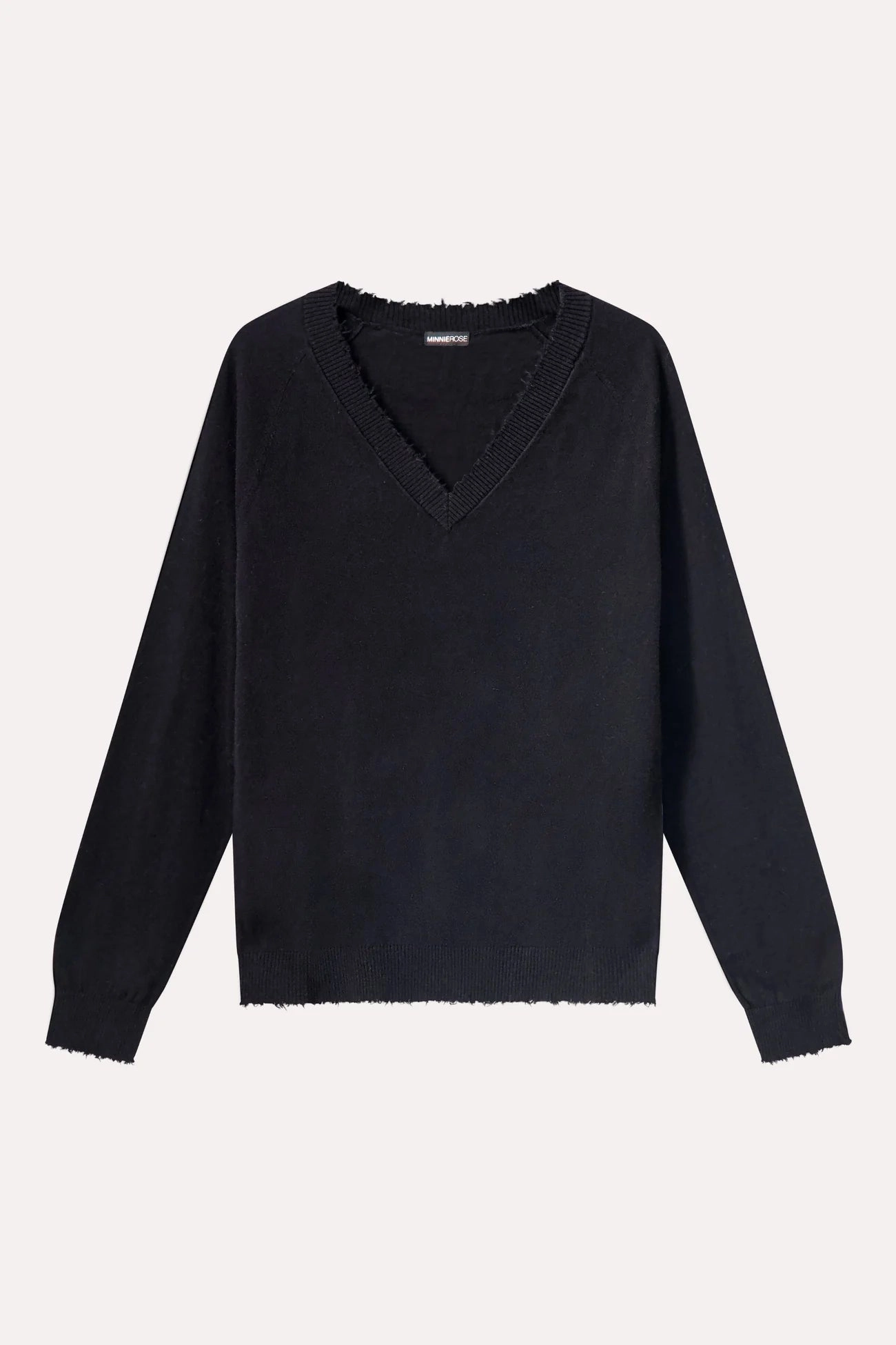 Minnie Rose Cotton Cashmere Frayed Edge V-Neck Sweater Sporty Flex
