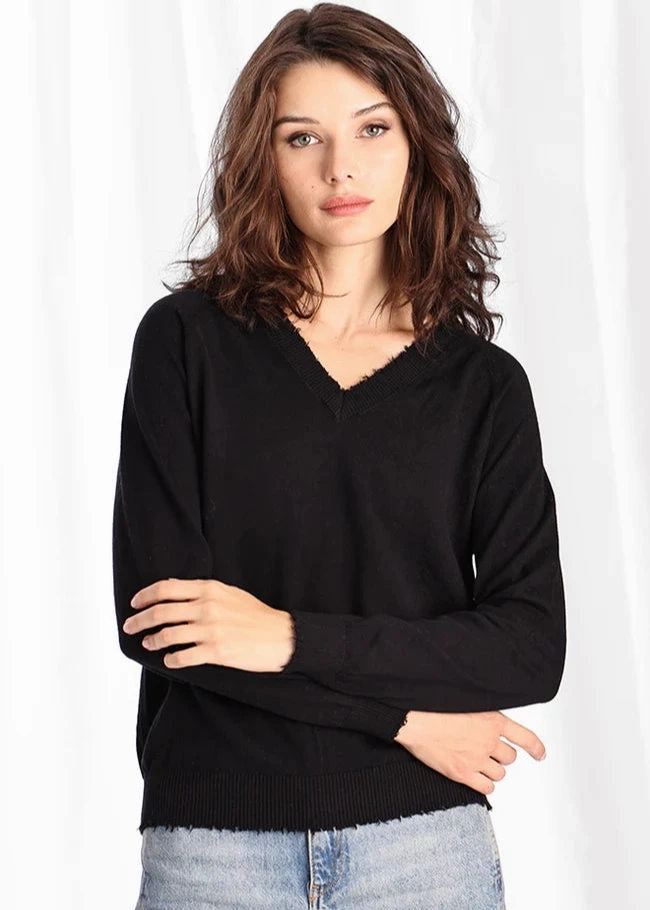 Minnie Rose Cotton Cashmere Frayed Edge V-Neck Sweater High Neckline