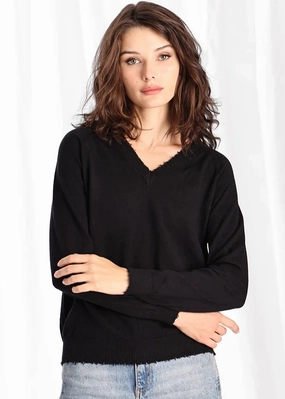 Lightweight Knit Material Minnie Rose Cotton Cashmere Frayed Edge V-Neck Sweater Minnie Rose Cotton Cashmere Frayed Edge V-Neck Sweater High Neckline
