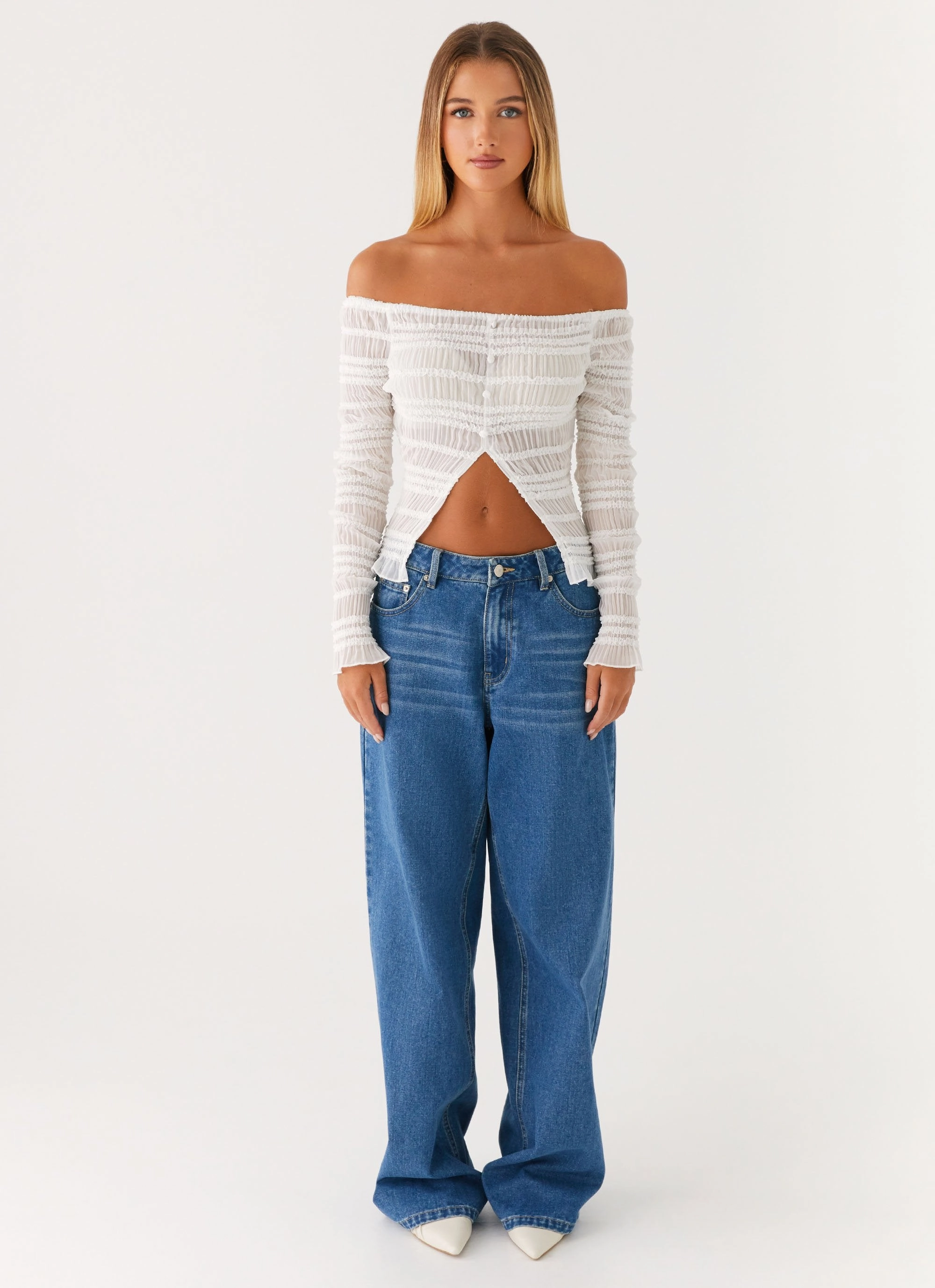 Golden One Shirred Off Shoulder Top - White Reinforced Stitching