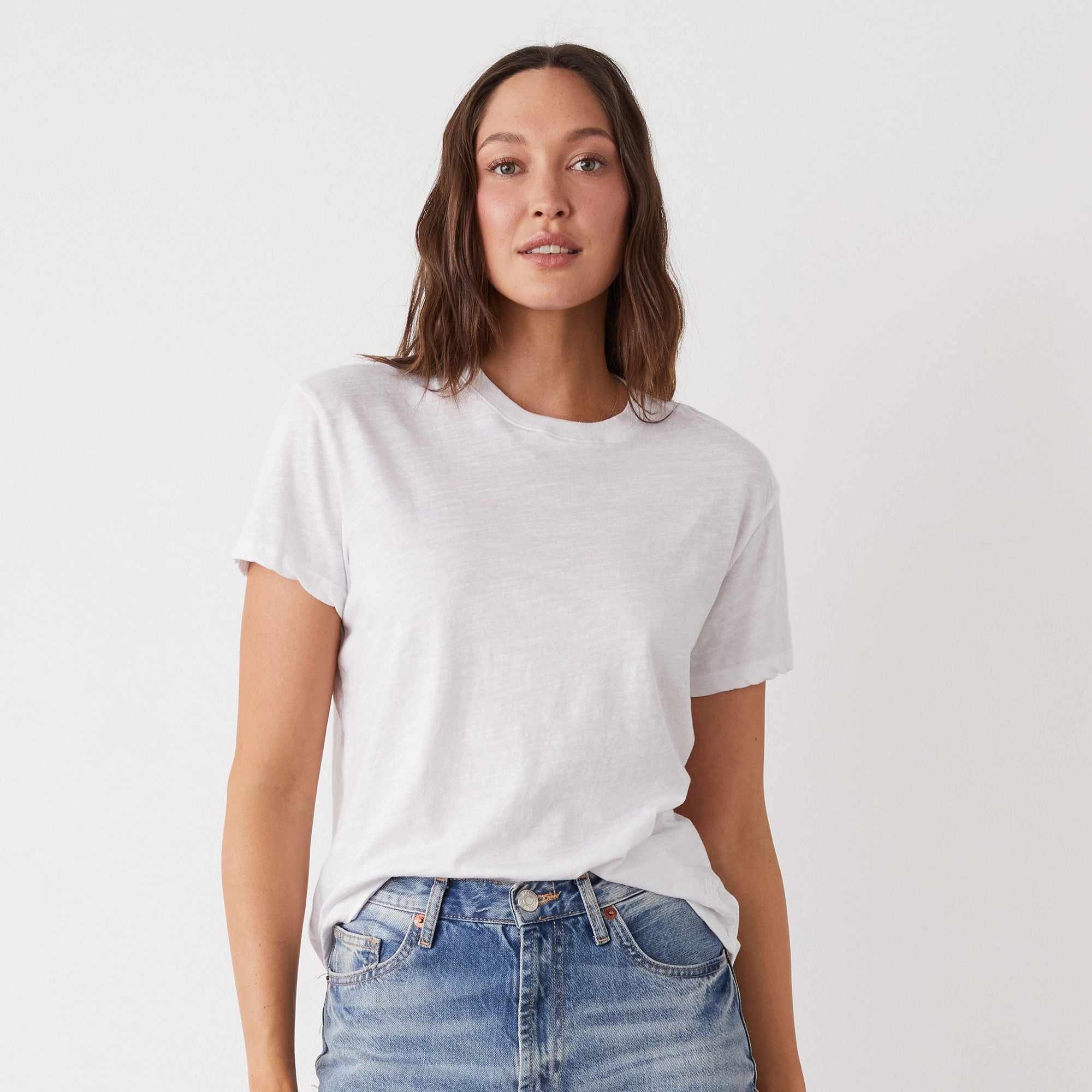Raw Edge Detail Textured Tri-Blend Basic Crew Neck Tee