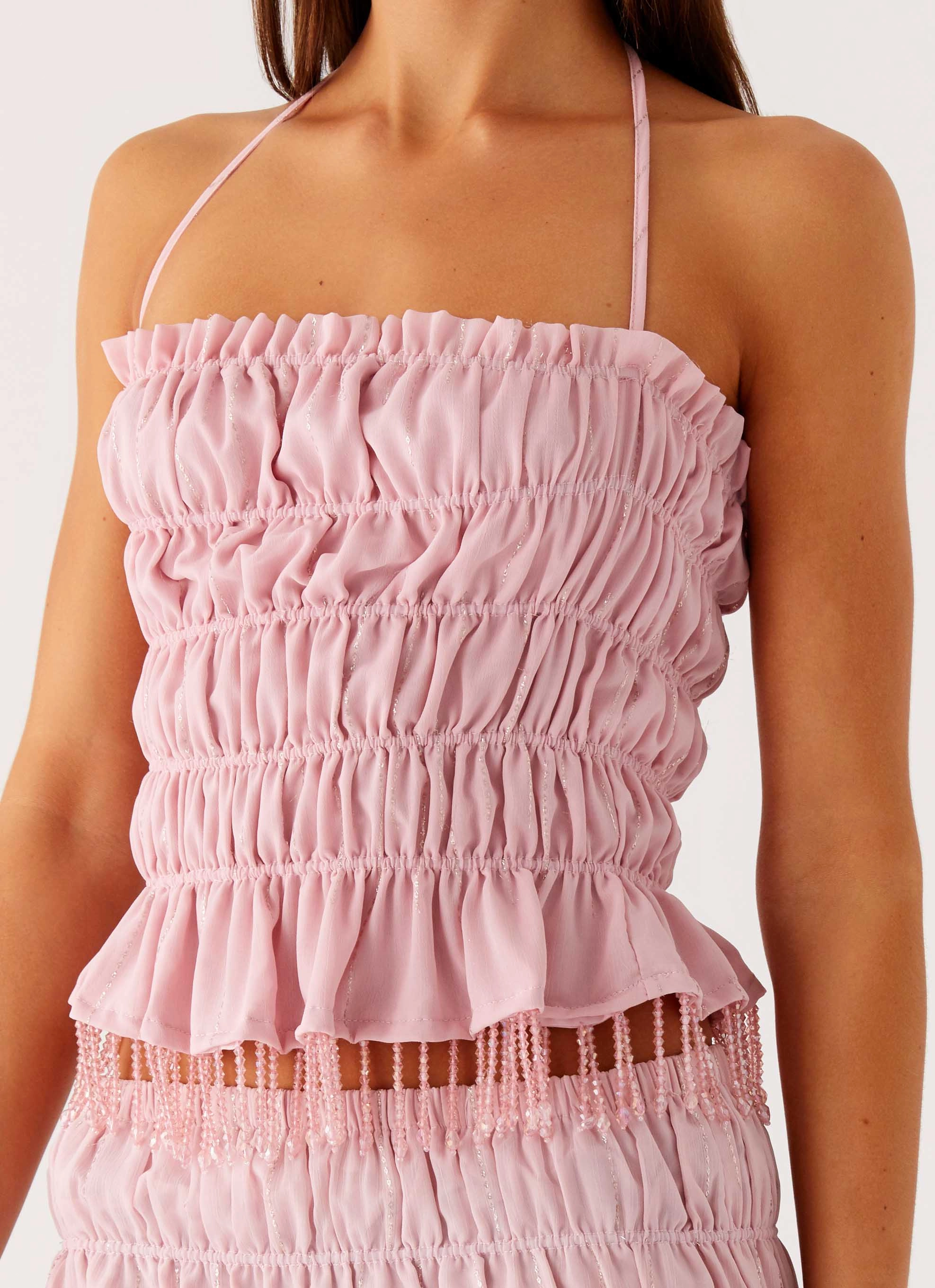 Neutral Tone Stitching Curved Hem Design Shari Beaded Halter Top - Pink