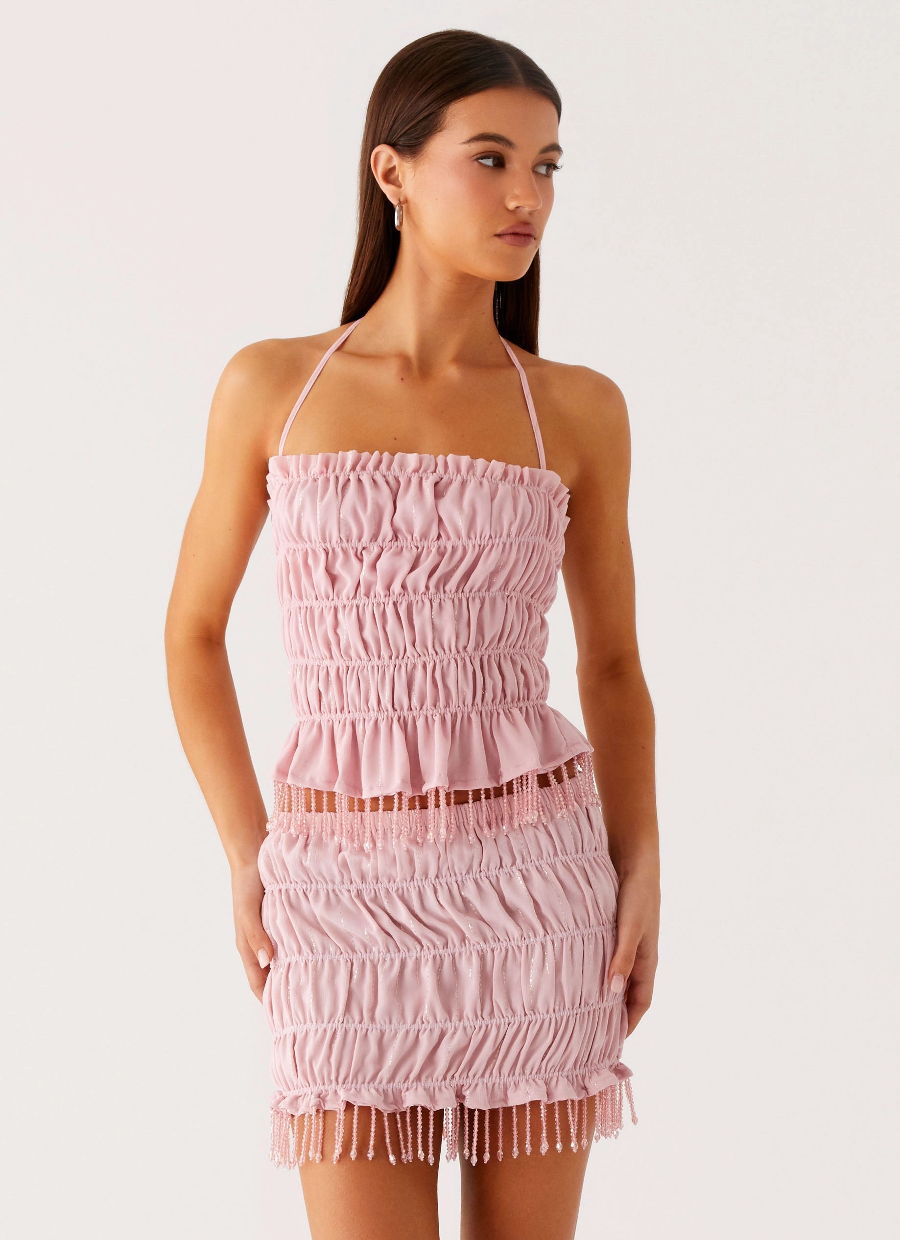 Shari Beaded Halter Top - Pink Multi Directional Zipper Placement