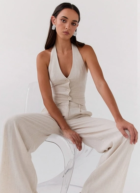 LightweightWeave Ambrosa Halterneck Linen Vest - Oatmeal MultiPanelDesign Ambrosa Halterneck Linen Vest - Oatmeal