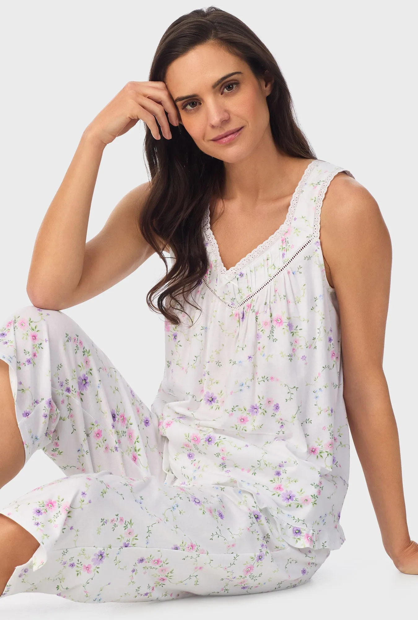 Lilac and Cherry Floral Sleeveless Capri Pant PJ Set