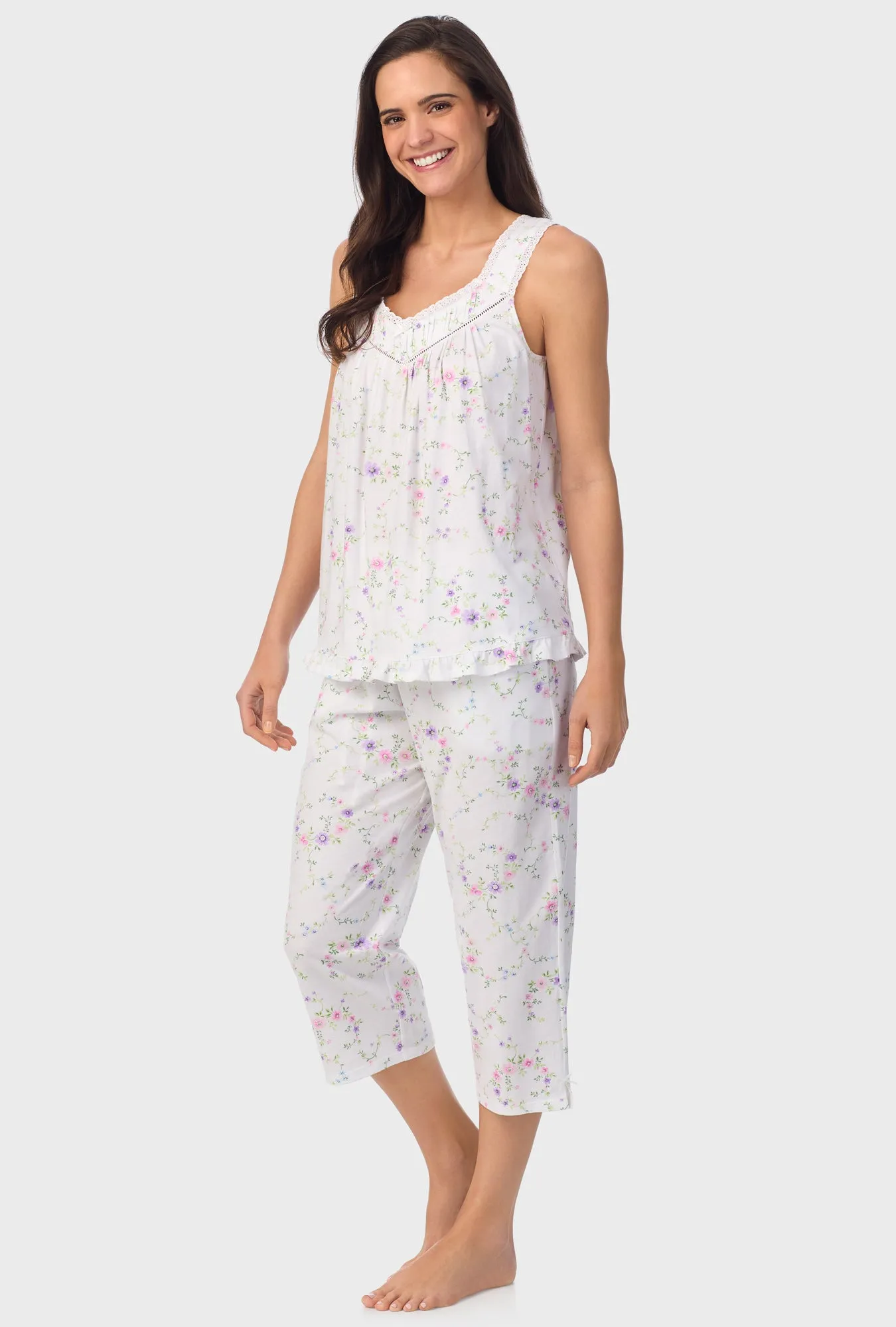Lilac and Cherry Floral Sleeveless Capri Pant PJ Set