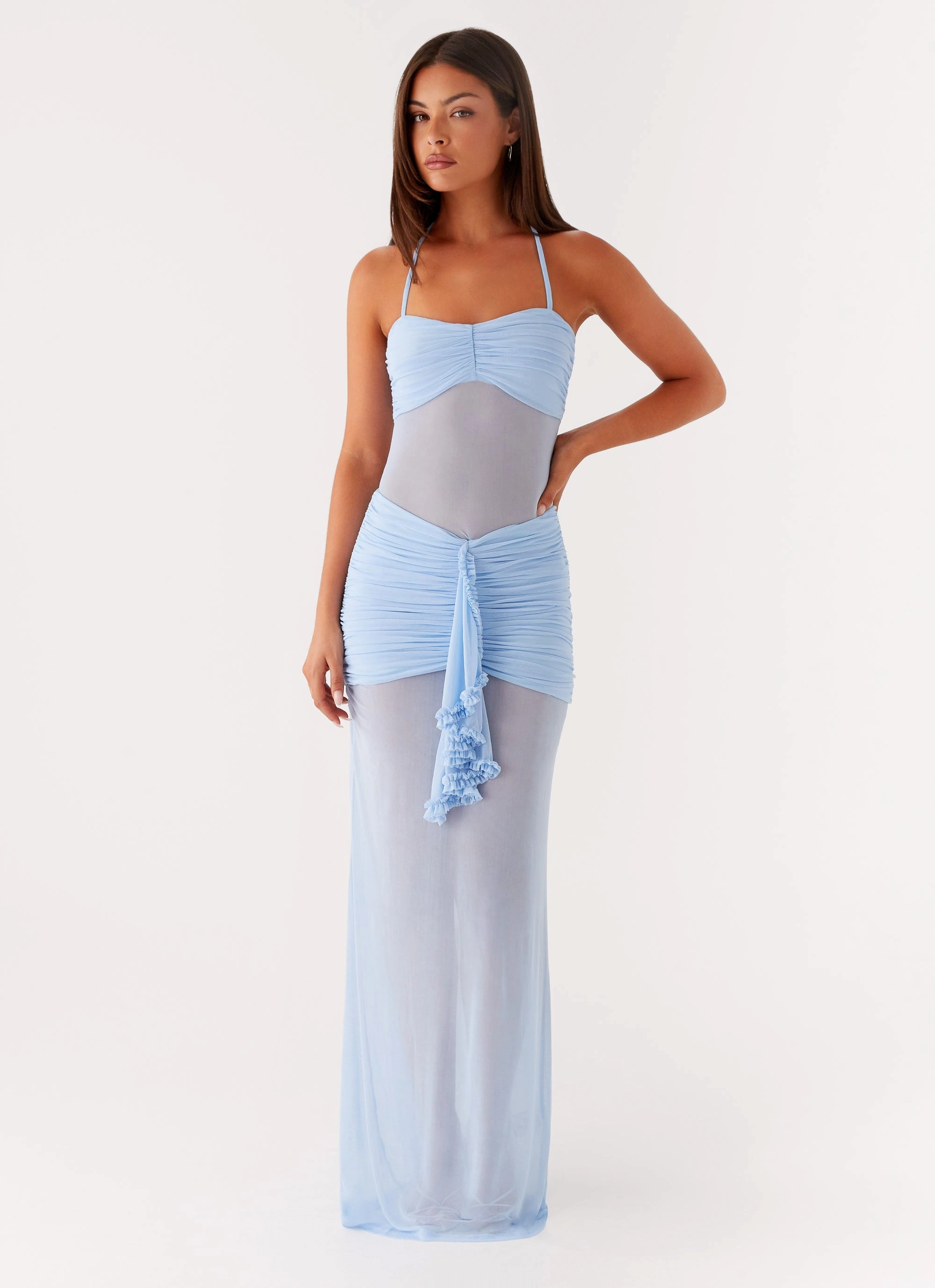 Lily Halter Maxi Dress - Blue Soft Material Artistic Shape