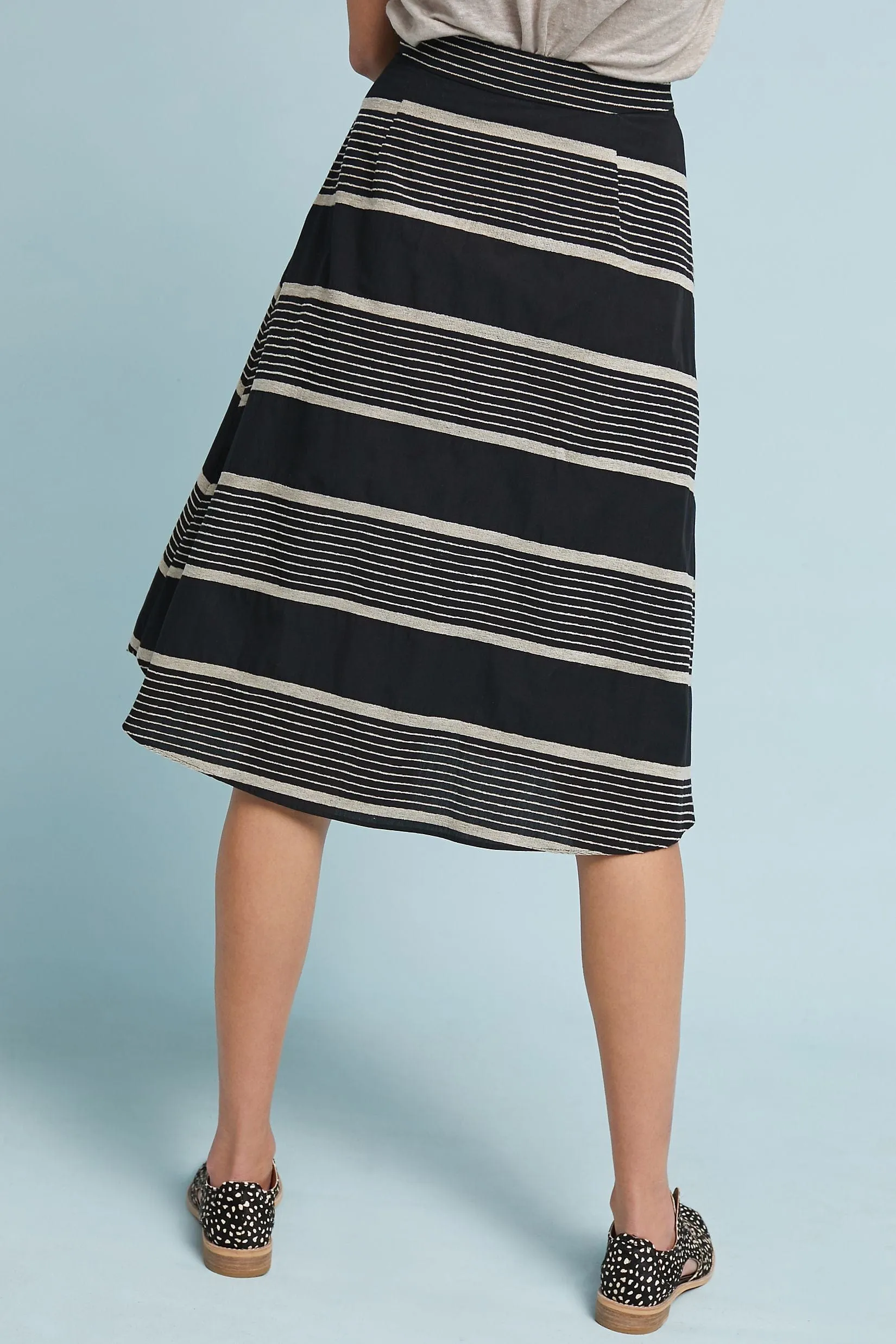 Black and Taupe Stripe Midi Skirt High low hem Lightweight Fabric