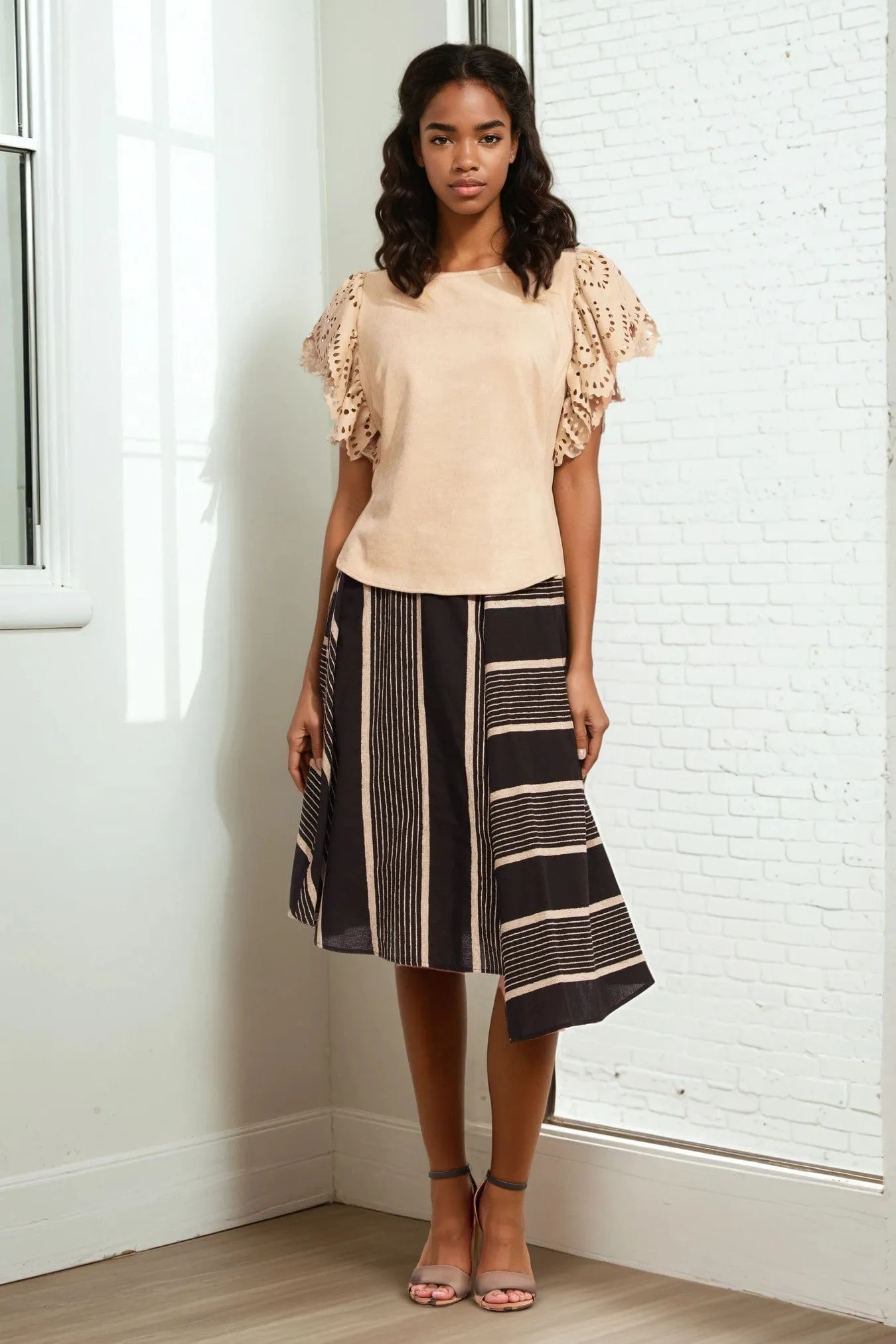 Mid Rise Comfy Look Black and Taupe Stripe Midi Skirt