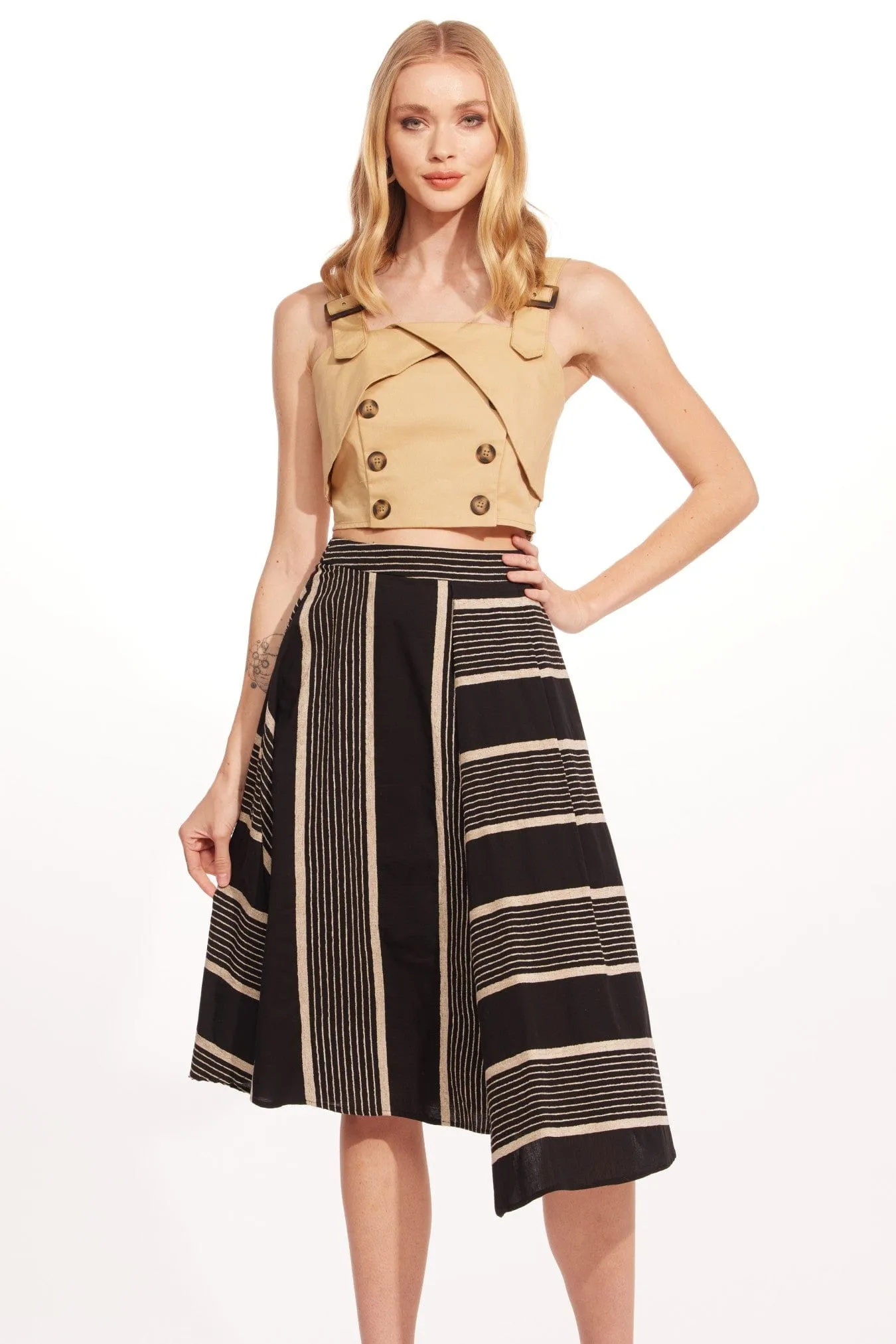 Black and Taupe Stripe Midi Skirt Odor Resistant Treatment