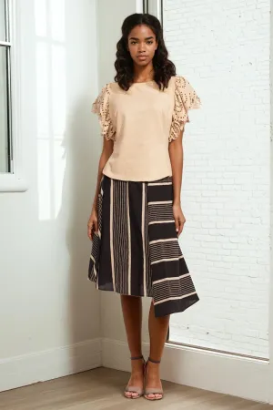 Lined Style Black and Taupe Stripe Midi Skirt Mid Rise Comfy Look Black and Taupe Stripe Midi Skirt