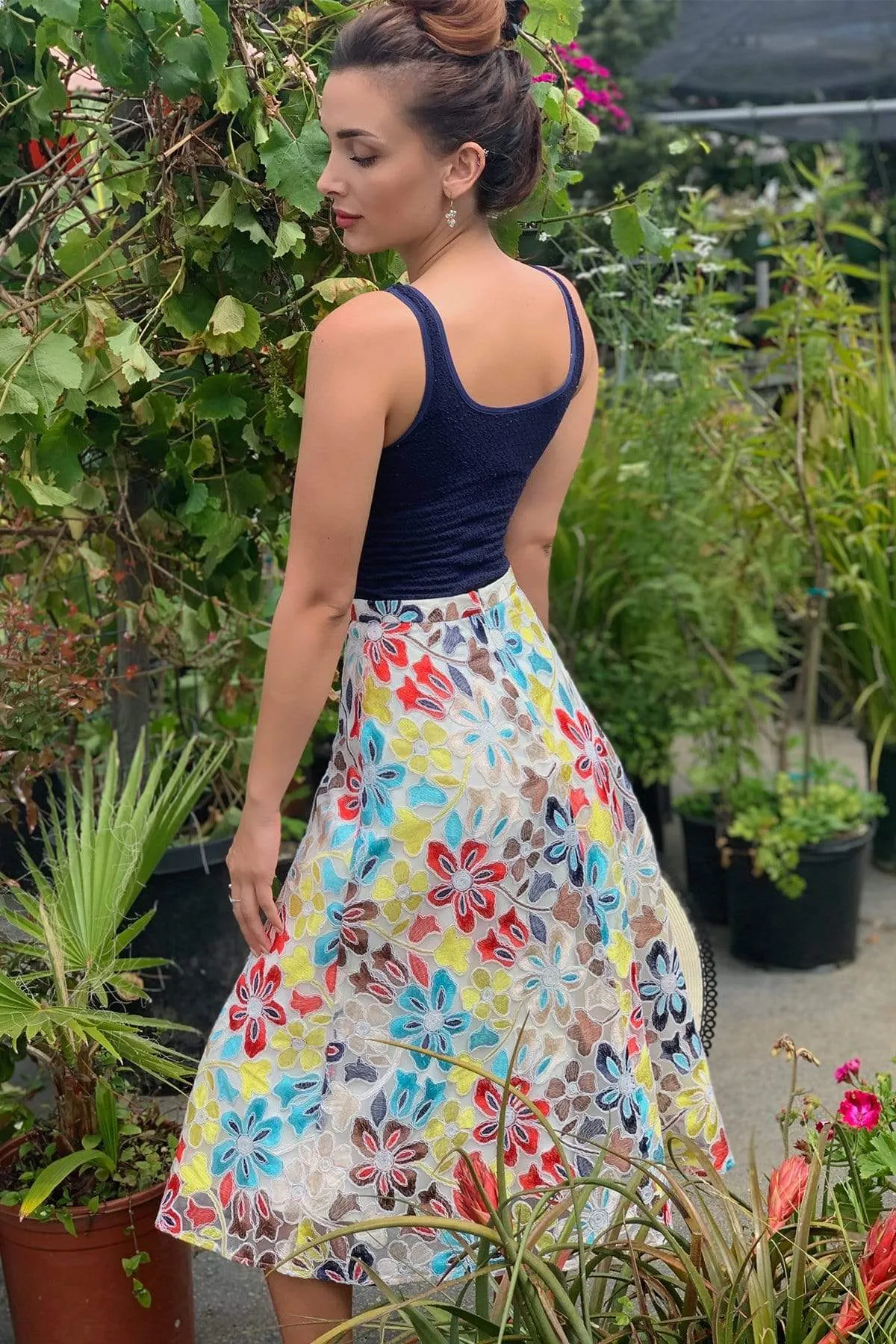 Casual Moments Embroidered Floral Midi Skirt