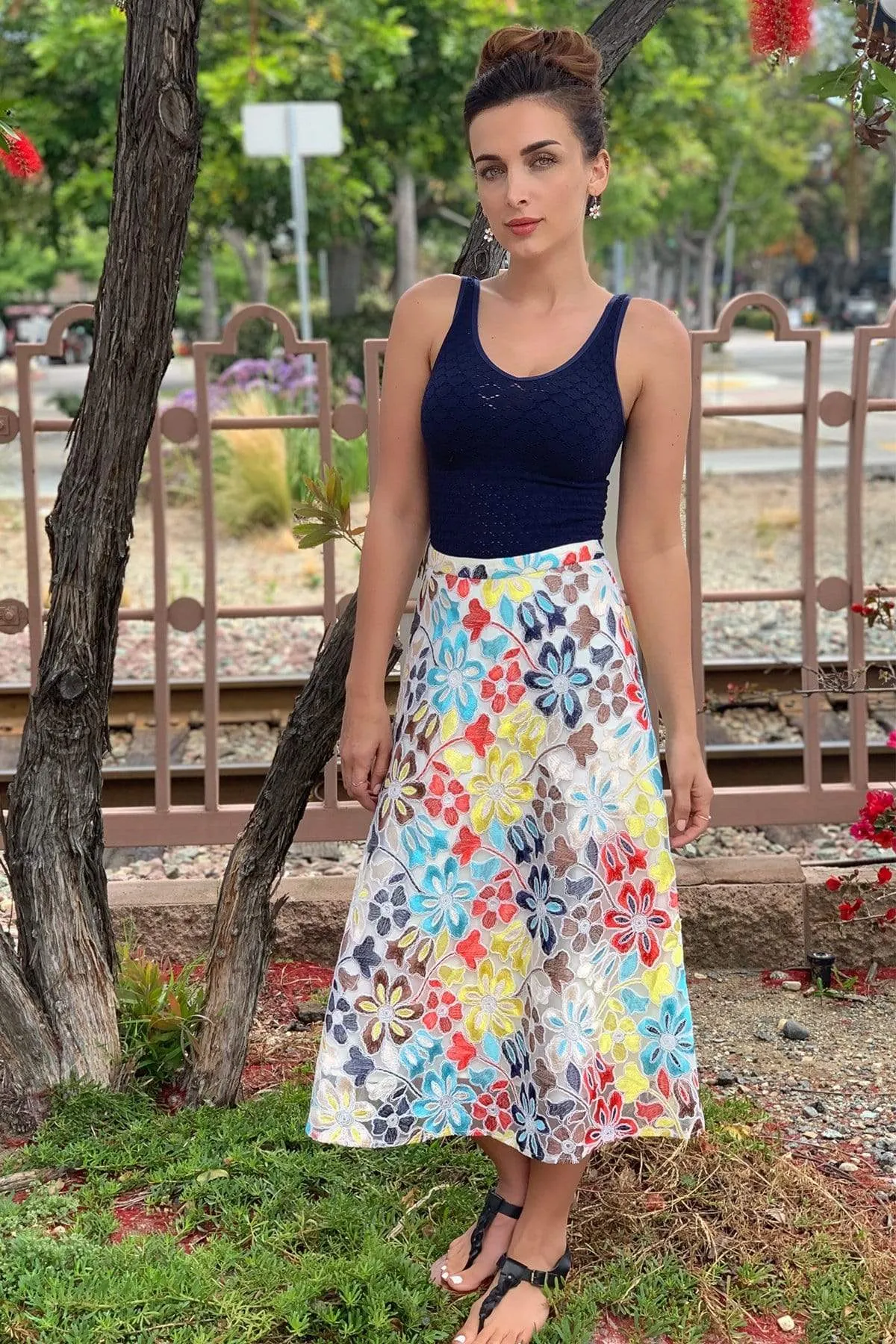 Embroidered Floral Midi Skirt Comfort Innovation