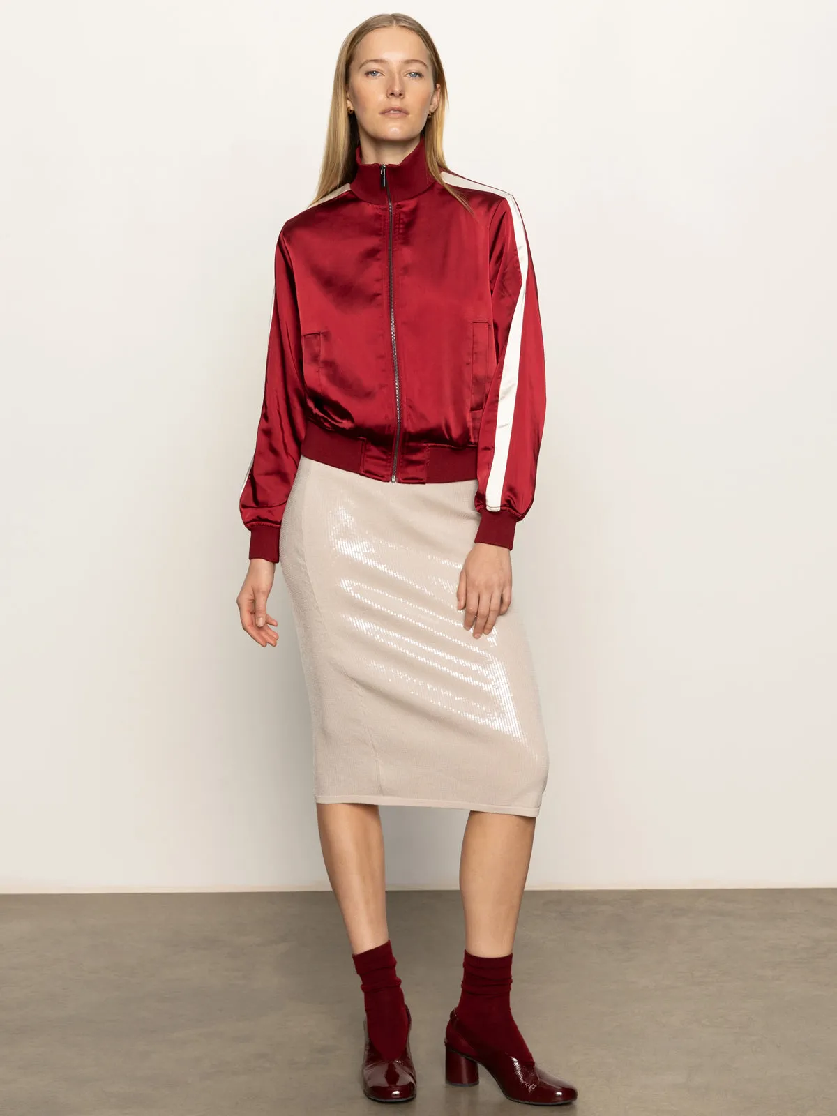 Refined Sophistication Metallic Finish Sparkle Sequin Pencil Skirt Mother Of Pearl