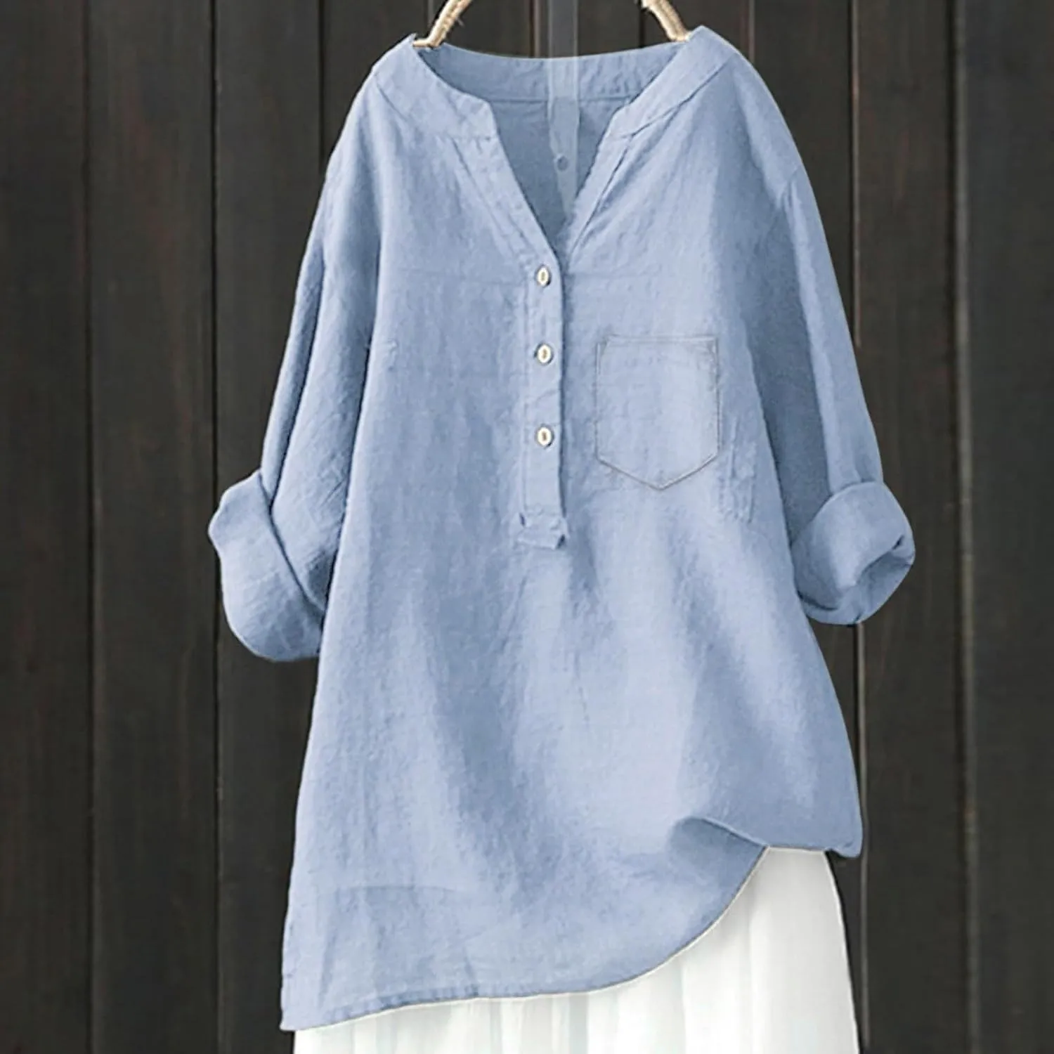 Linen Button Down Shirt for Women 3/4 Sleeve V Neck Summer Cotton Linen Tunic Top with Pocket Loose Fit Tshirt Casual Blouse